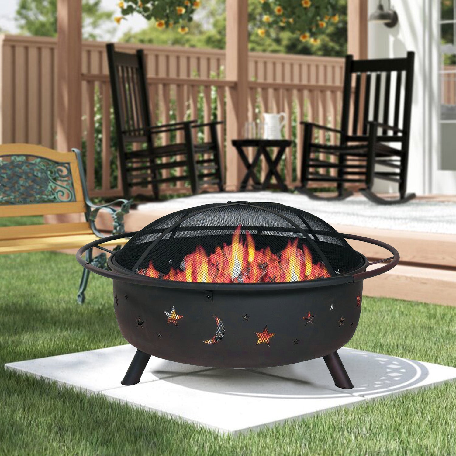 Wood Burning Fire Pit with Charcoal Grill and Screen 30"