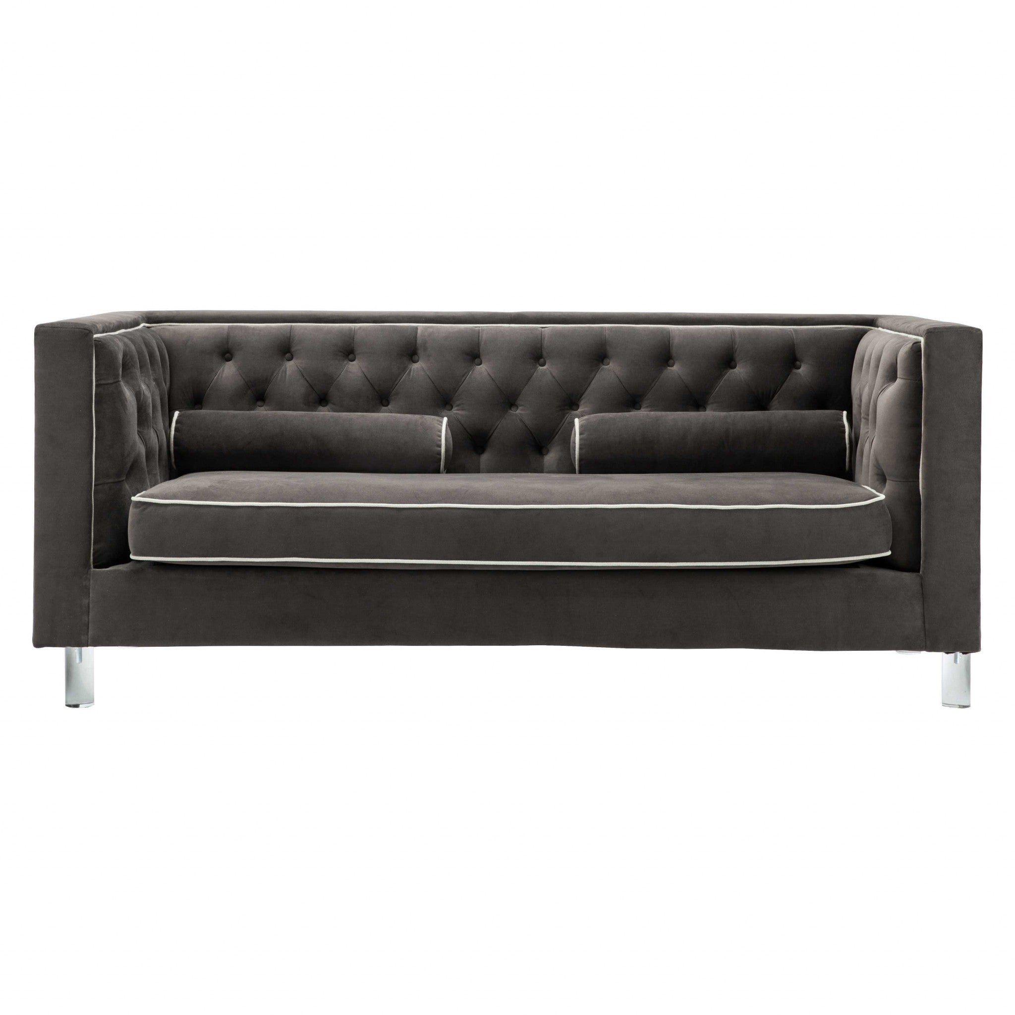 Brown Contemporary Polyester Velvet Fabric Upholstered Button Tufted Tuxedo Sofa