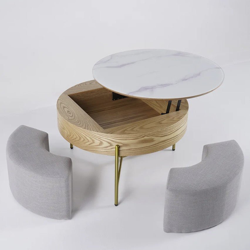 31" Brown And White Stone Round Lift Top Coffee Table with three ottomans