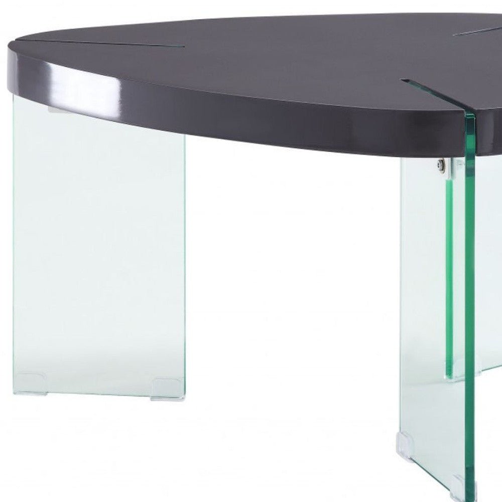 31" Clear Glass And Gray High Gloss Wood Triangle Coffee Table