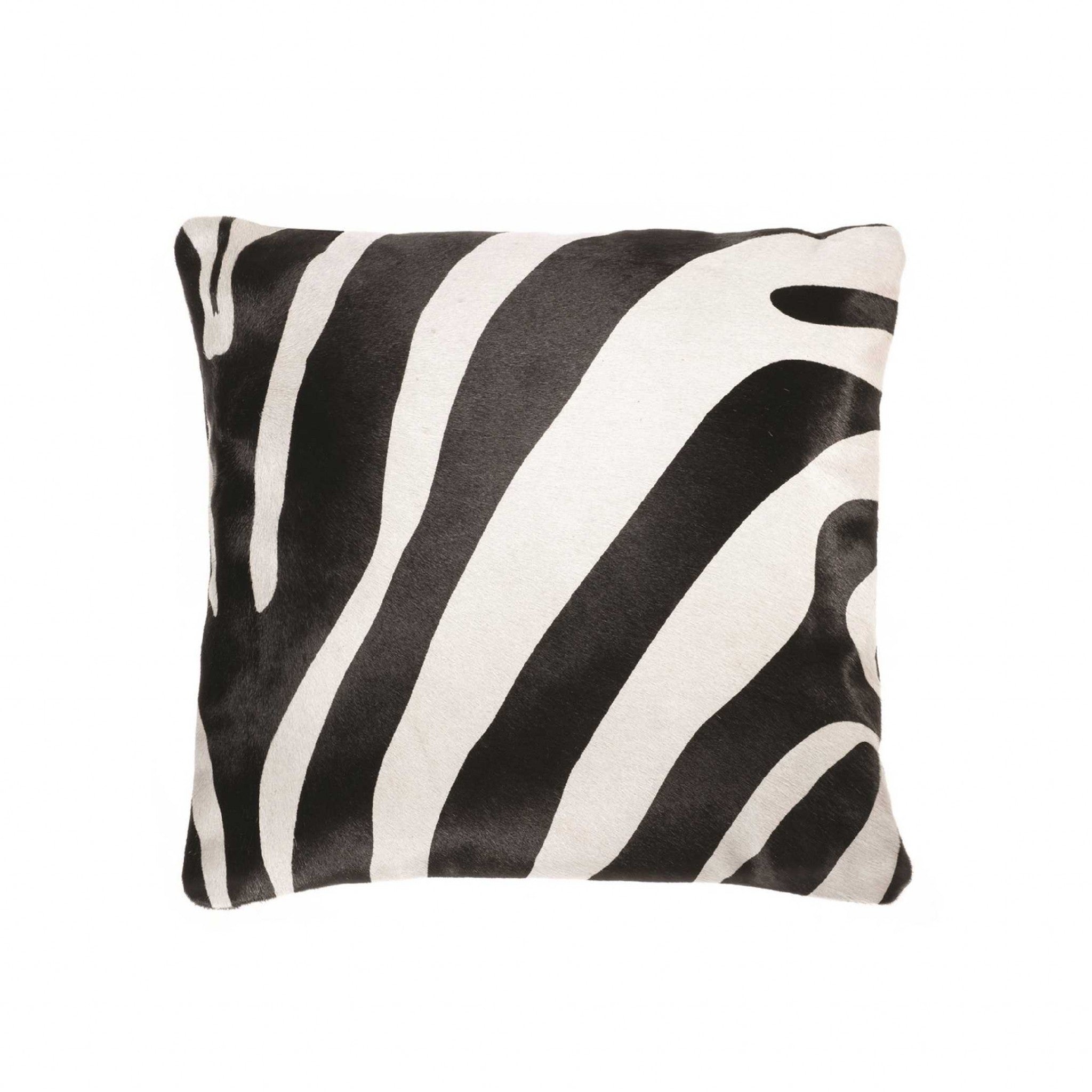 18" X 18" X 5" Zebra negro sobre almohada de piel de vaca blanca