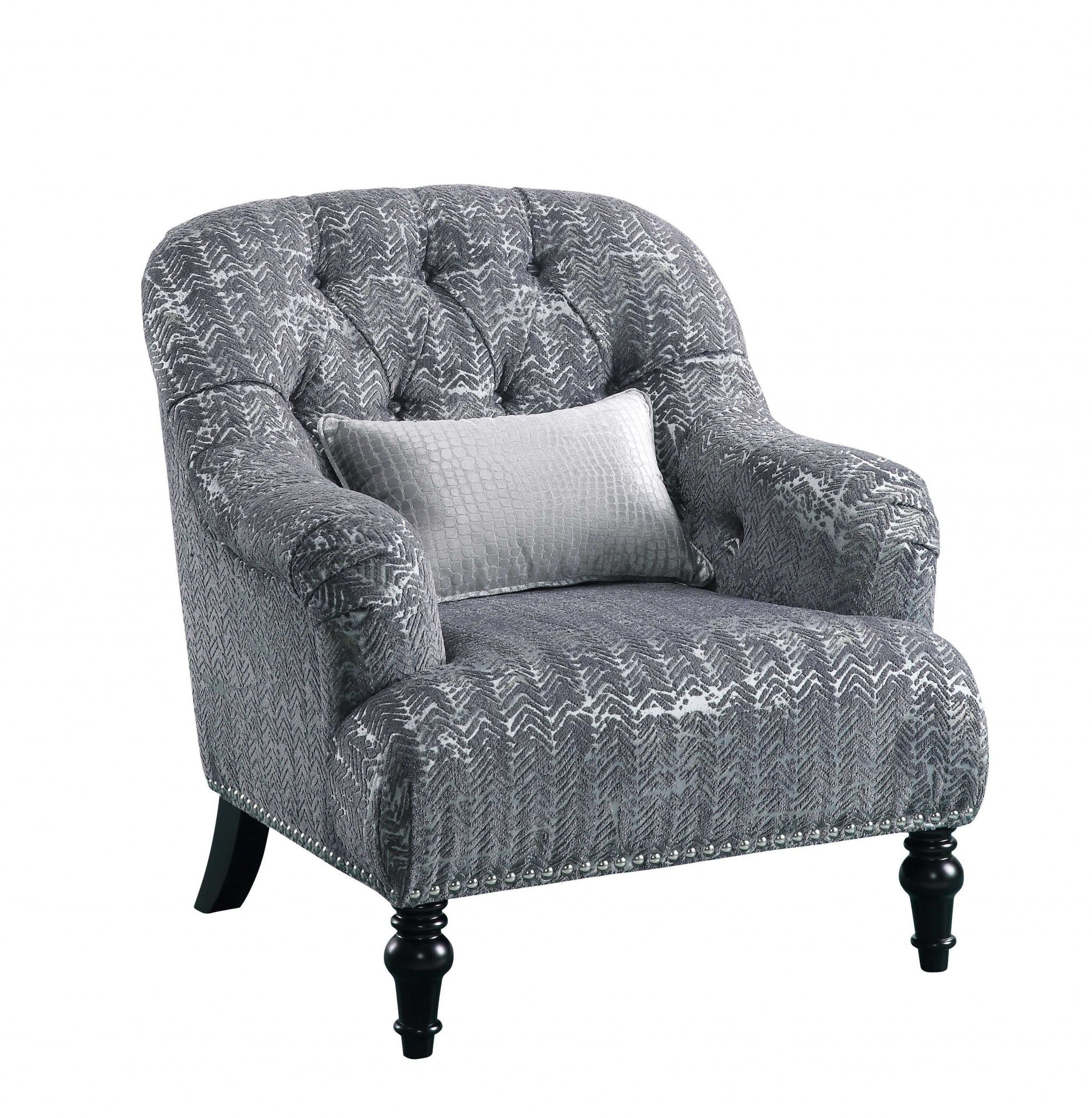 34" X 37" X 37" Gray Patterned Velvet Chair W 1 Pillow