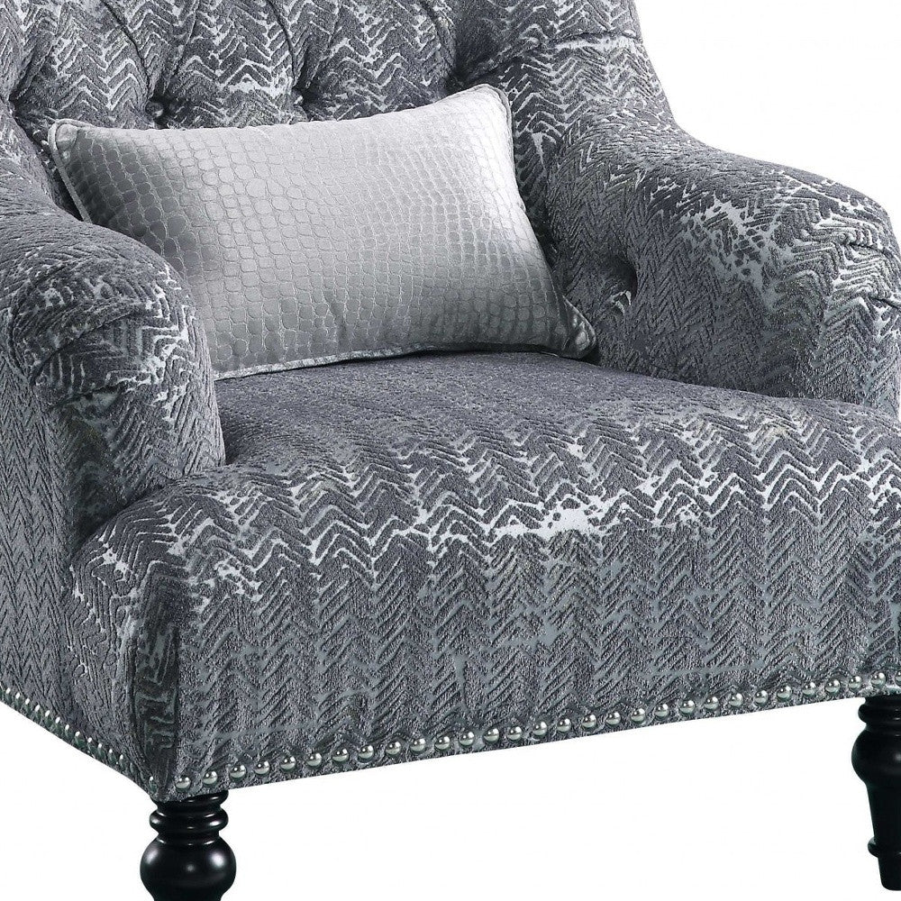 34" X 37" X 37" Gray Patterned Velvet Chair W 1 Pillow