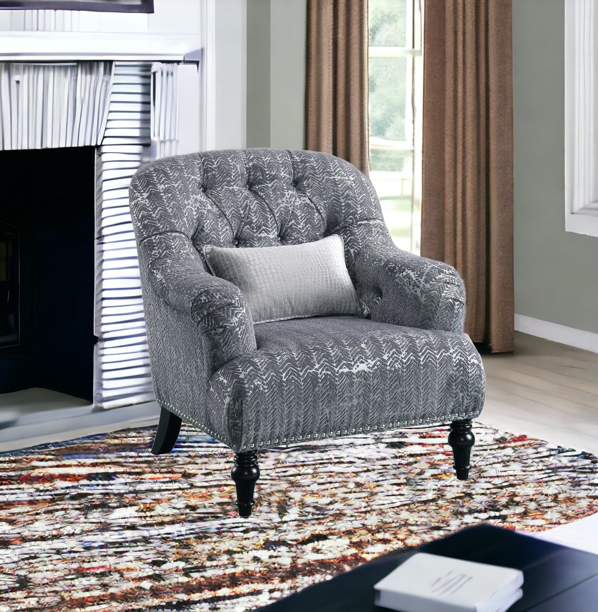 34" X 37" X 37" Gray Patterned Velvet Chair W 1 Pillow