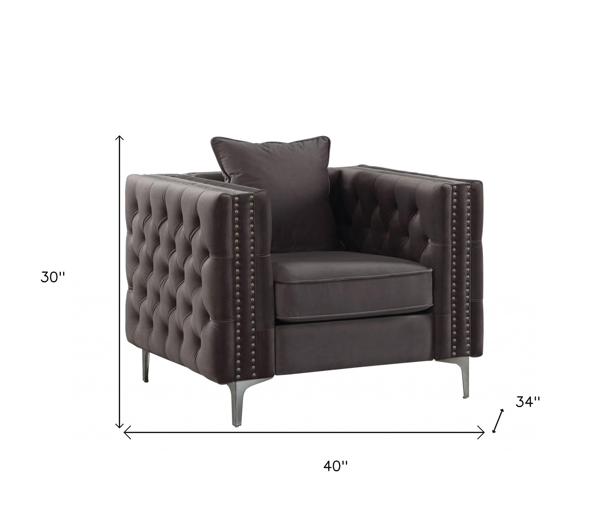 40" X 34" X 30" Dark Gray Velvet Chair And Pillow