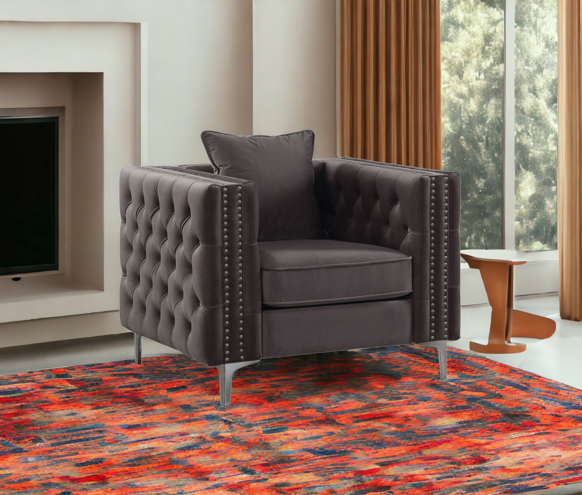 40" X 34" X 30" Dark Gray Velvet Chair And Pillow