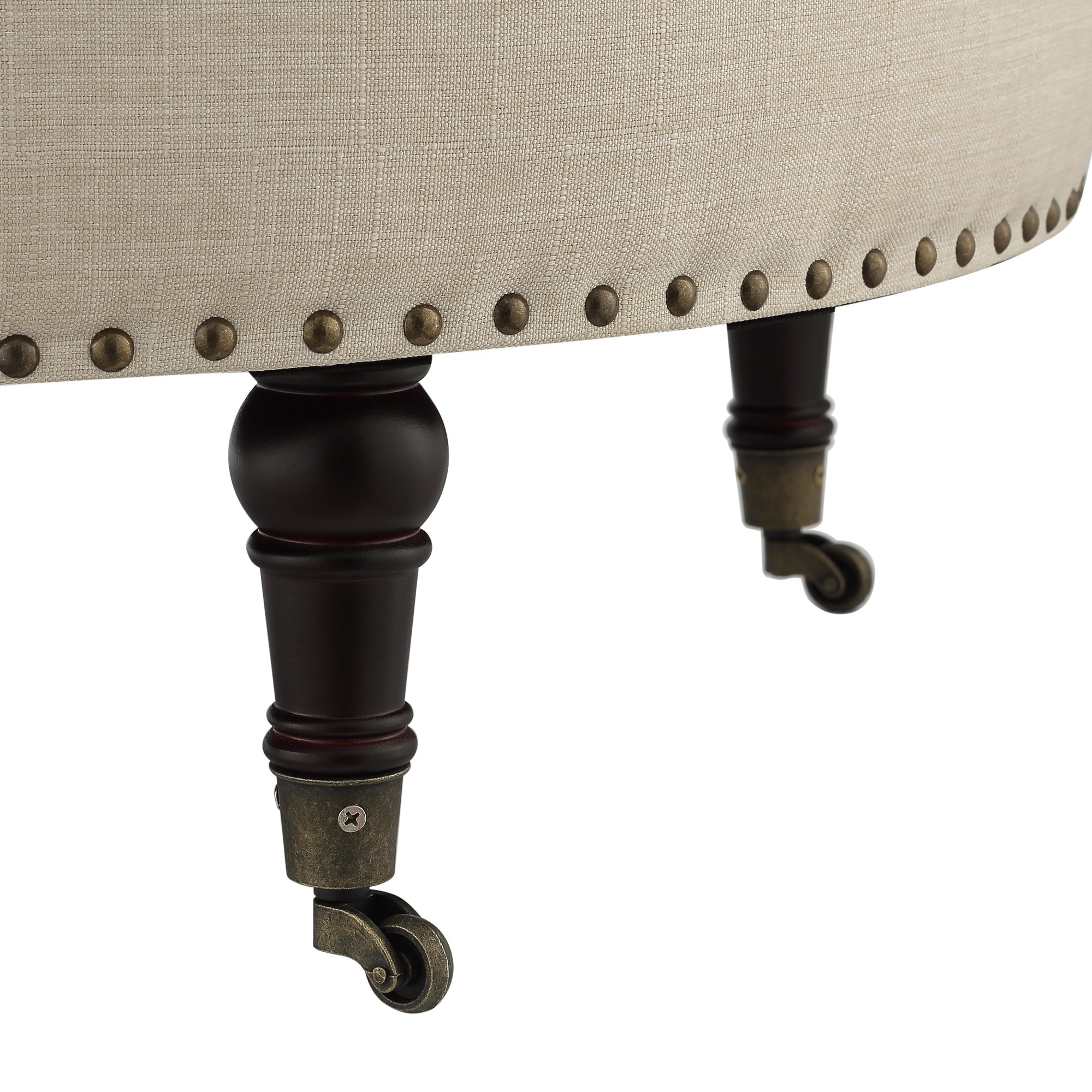 32" Beige 100% Linen With Caster Tufted Round Storage Ottoman