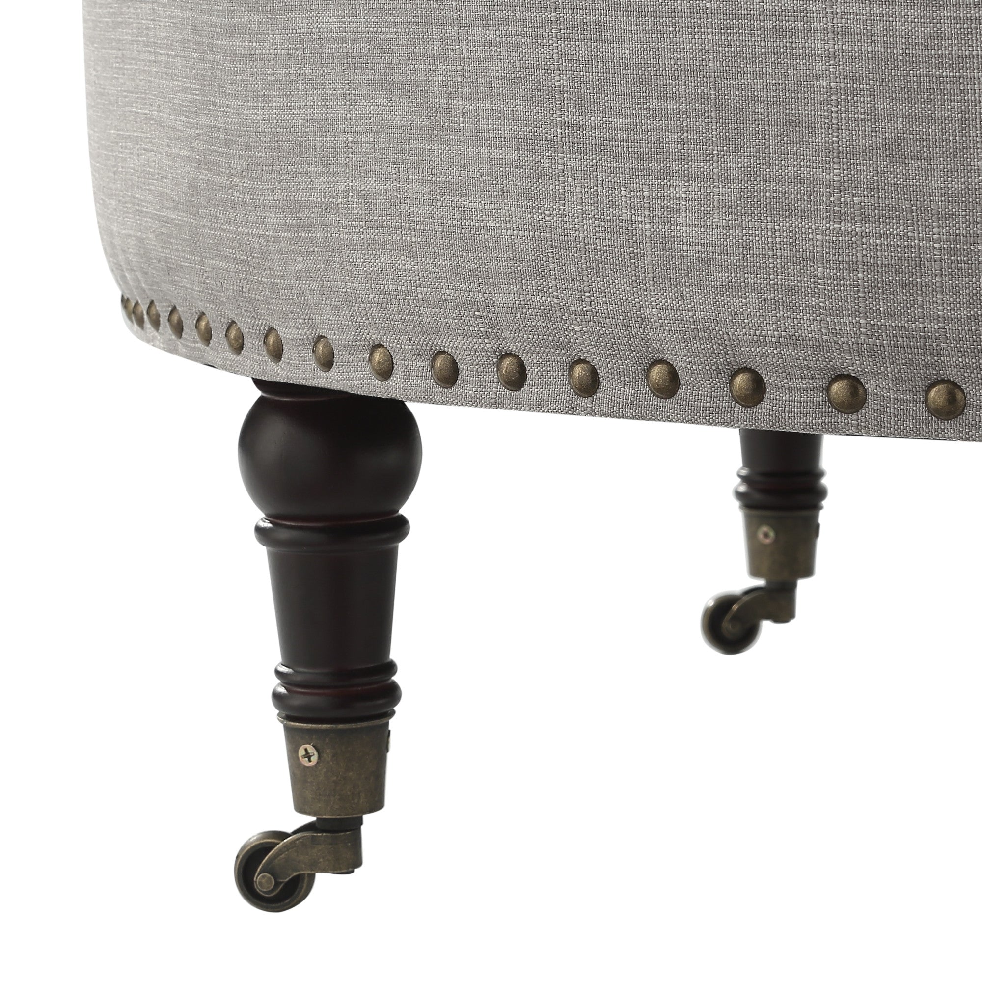 32" Grey 100% Linen With Caster Tufted Round Storage Ottoman