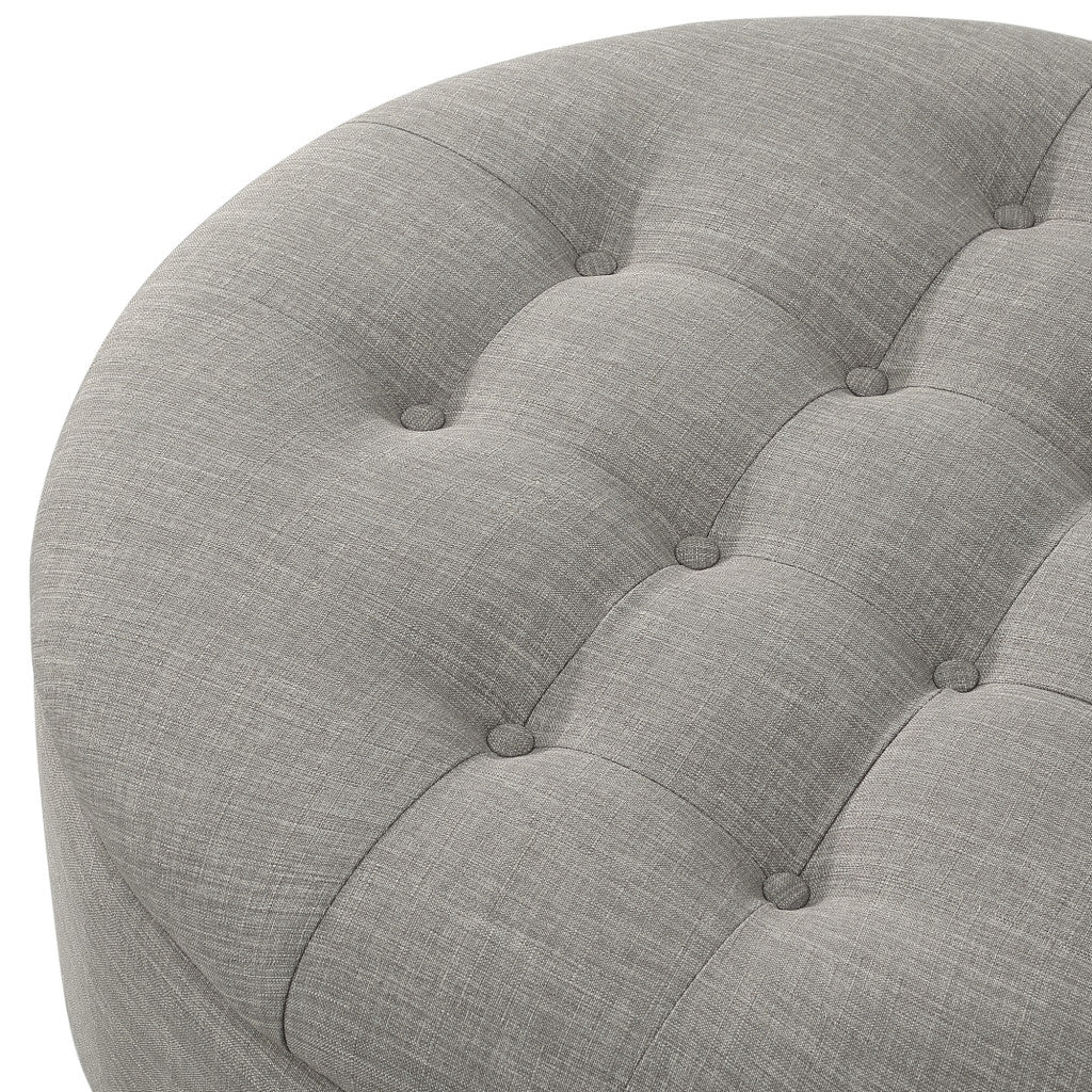 32" Grey 100% Linen With Caster Tufted Round Storage Ottoman