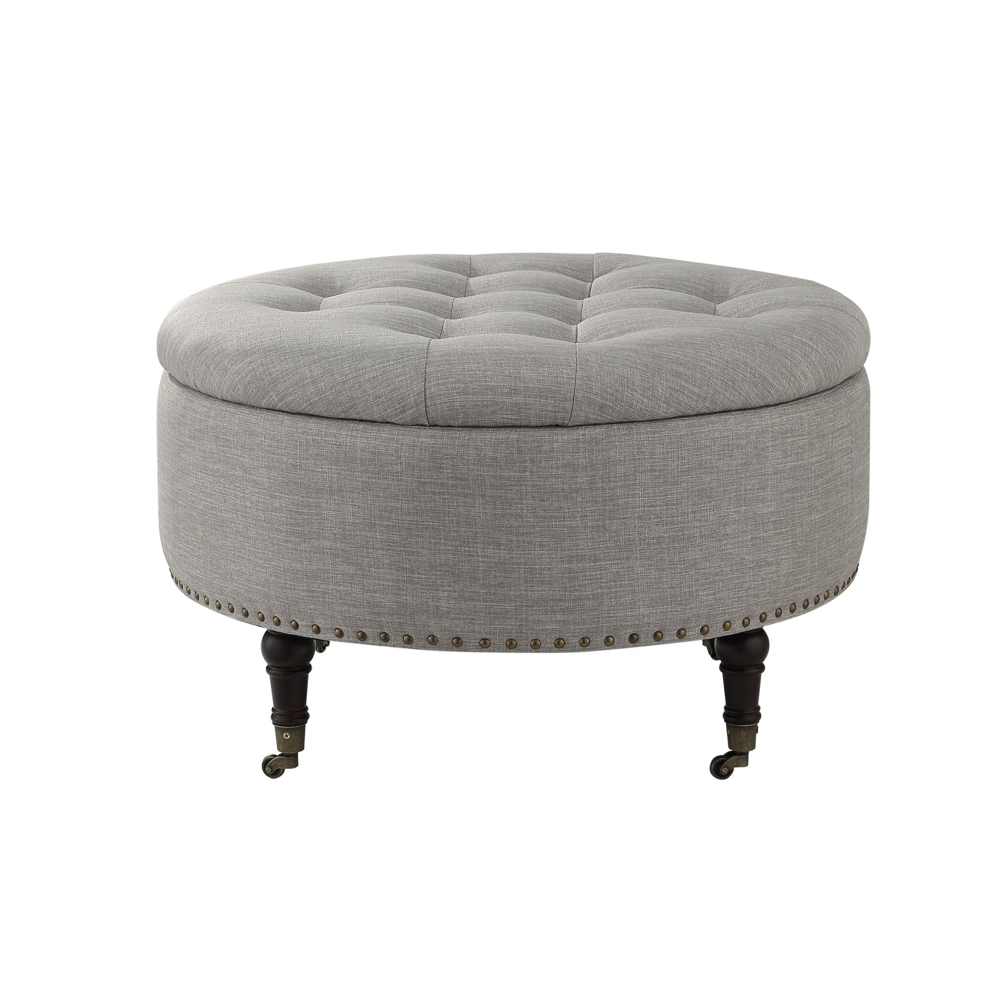 32" Grey 100% Linen With Caster Tufted Round Storage Ottoman