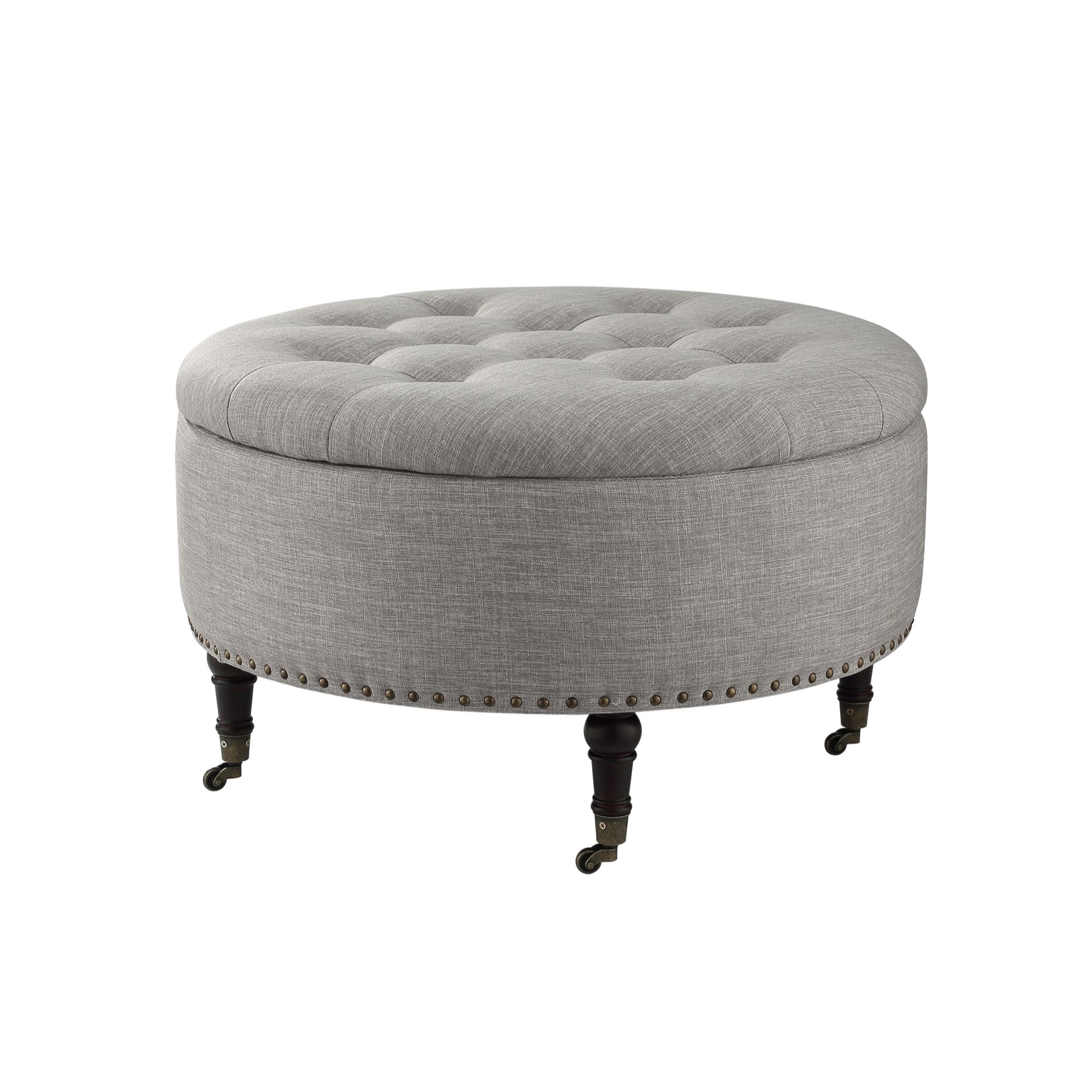 32" Grey 100% Linen With Caster Tufted Round Storage Ottoman
