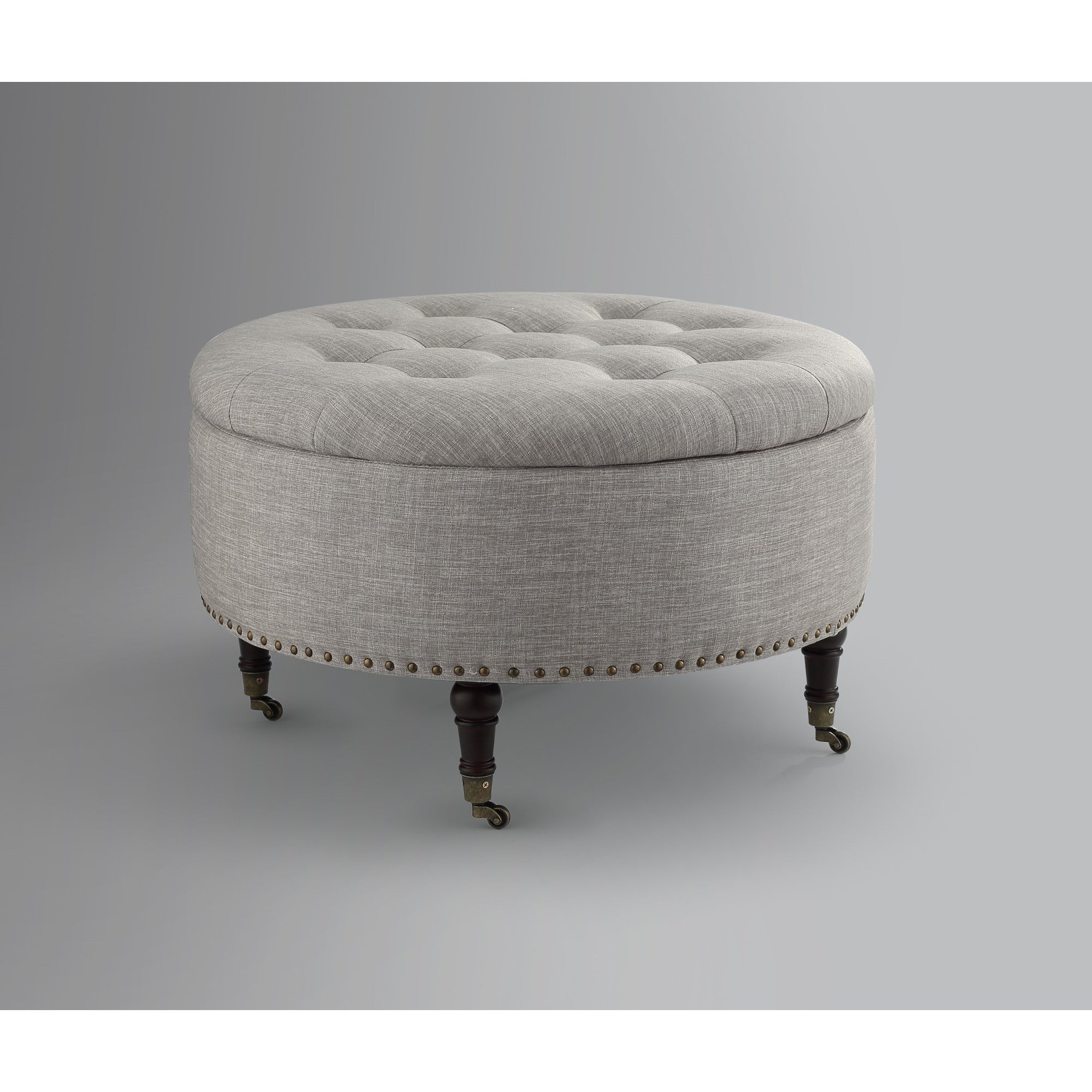 32" Grey 100% Linen With Caster Tufted Round Storage Ottoman