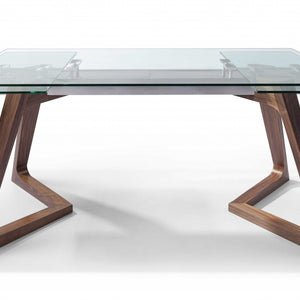 63 X 35 X 30 Walnut Glass Stainless Steel Extendable Dining Table