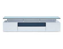 Tv Unit High Gloss White With Gray Glass Middle Drawer 2 Drawers And 2 Doors