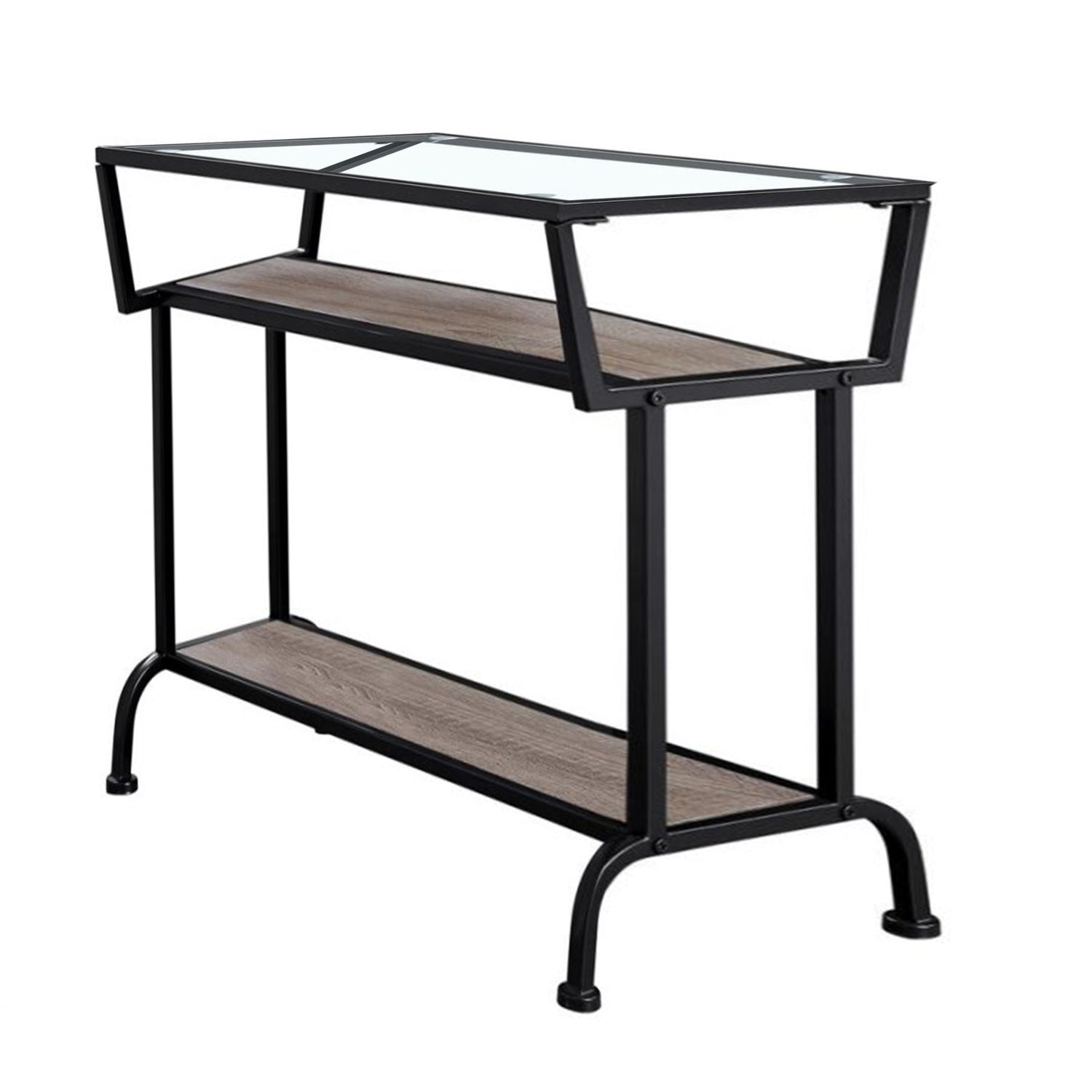 12" X 24" X 22" Dark Taupe With Black Coated  Metal And Clea  Tempered Glass  Accent Table
