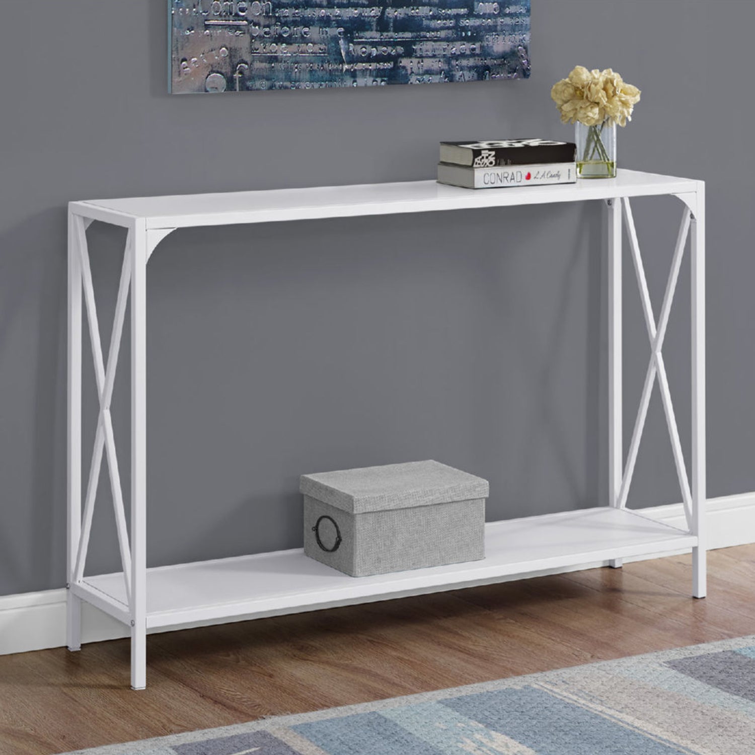 12" X 48" X 32" White Finish And White Metal Accent Table