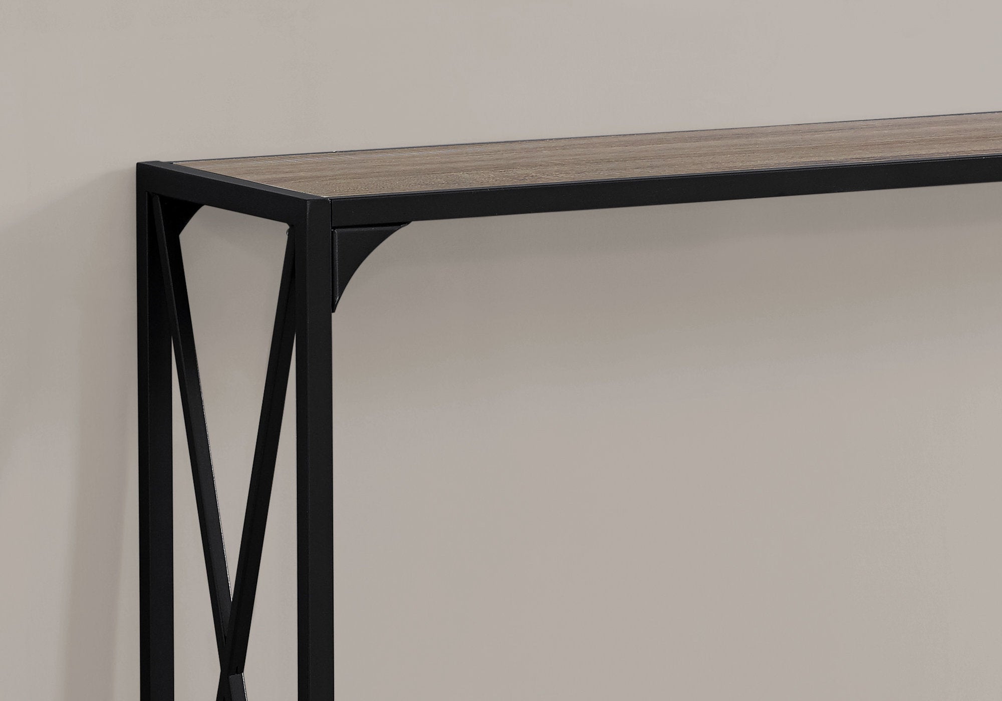 12" X 48" X 32" Dark Taupe Finish  And Black Metal Accent Table