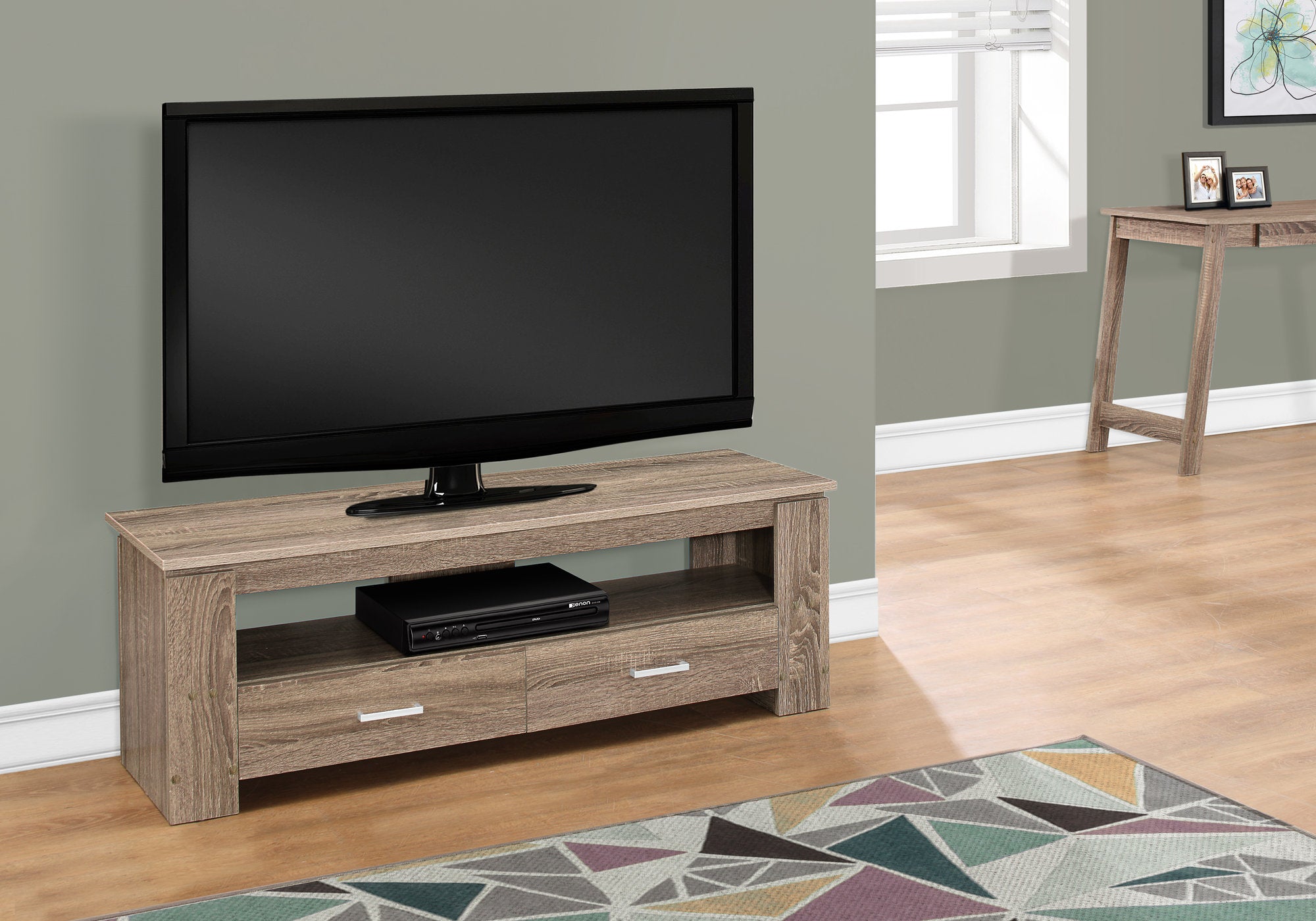 16.25" Dark Taupe Particle Board And Laminate Tv Stand With 2 Storage Drawers