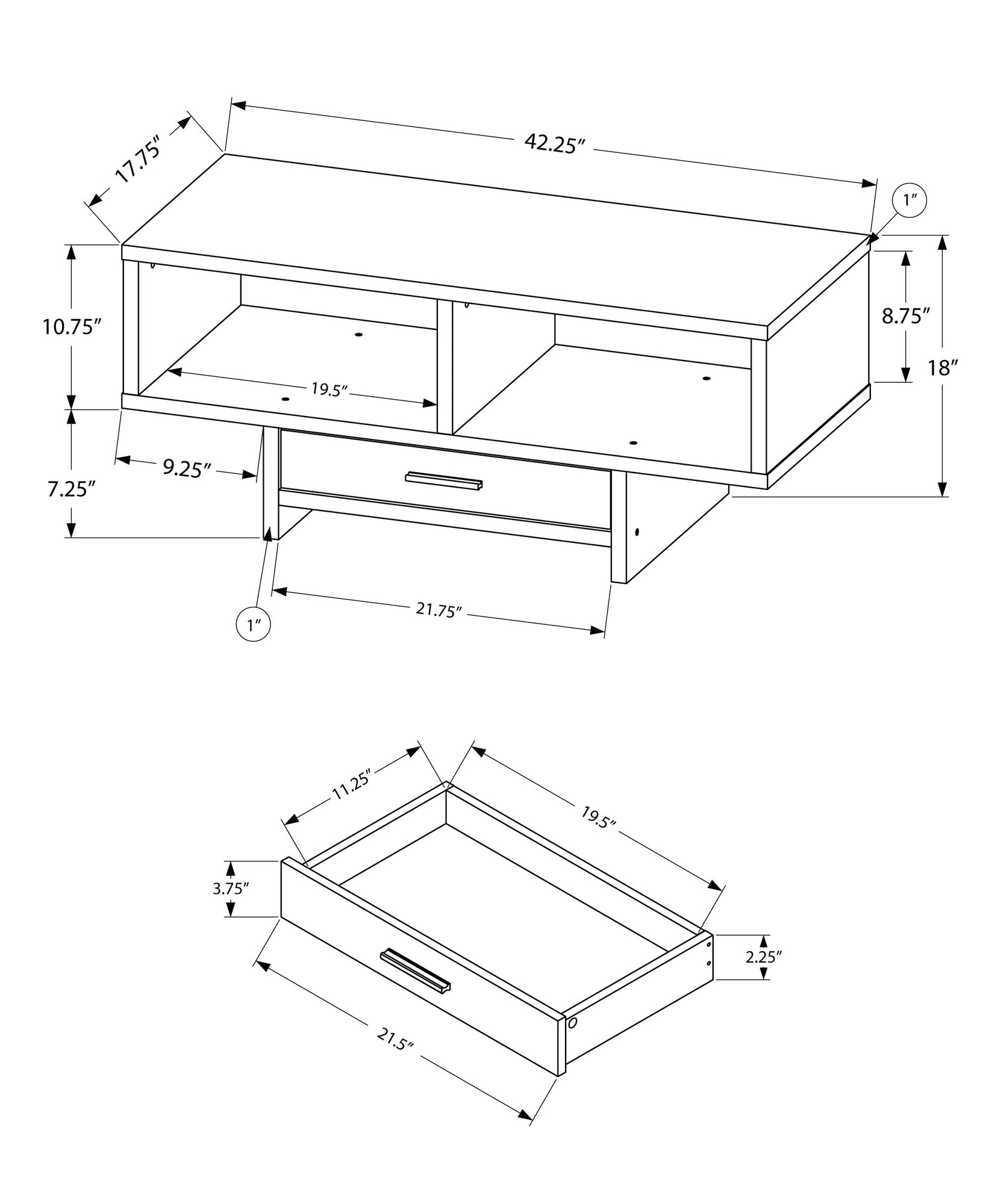 17.75" X 42.25" X 18" 黑棕色刨花板空心咖啡桌