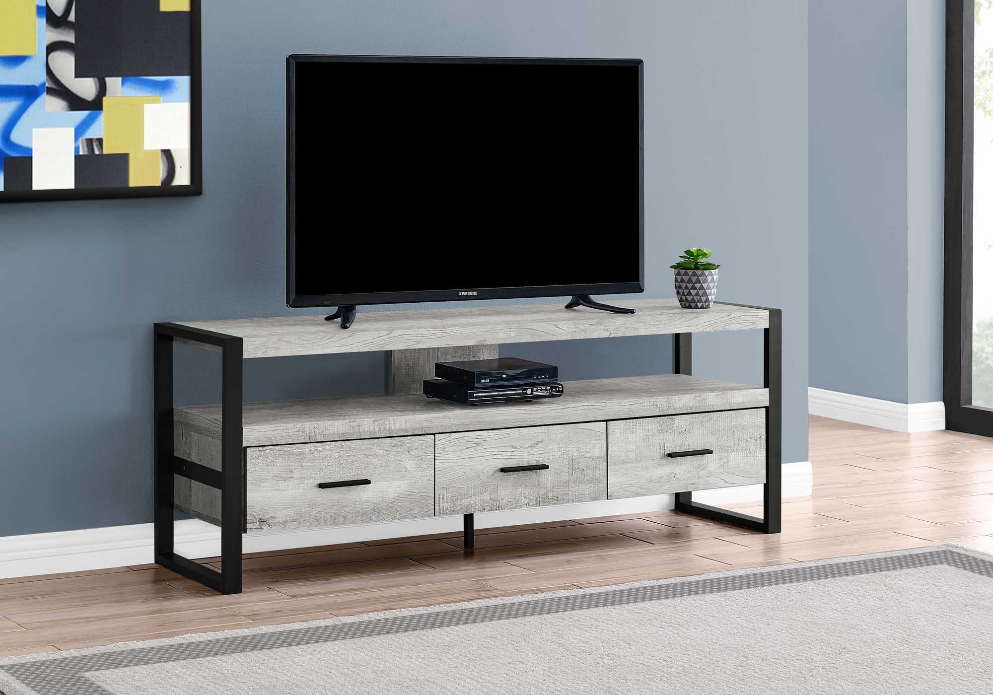 21.75" Particle Board Hollow Core & Black Metal Tv Stand With 3 Drawers