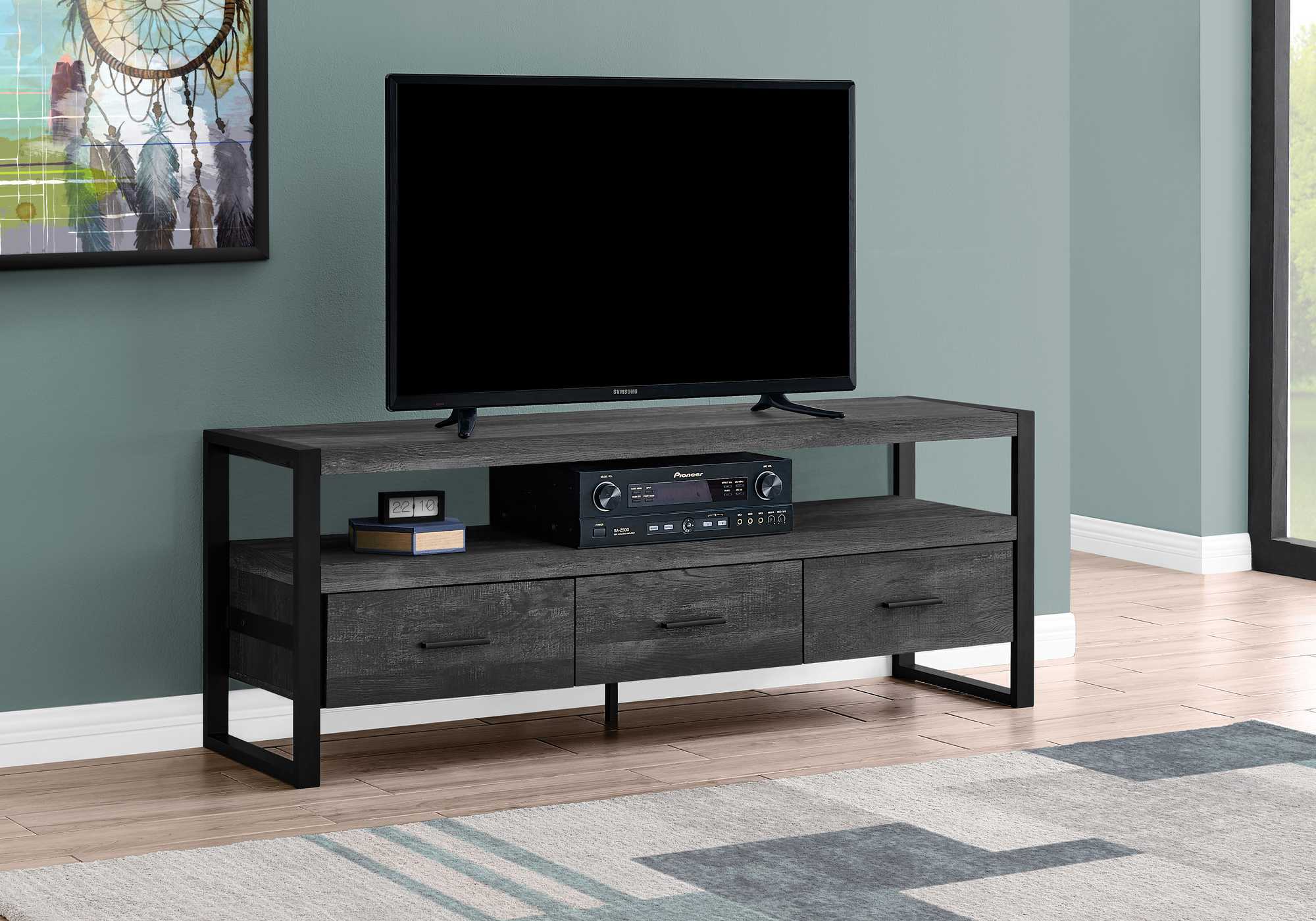 21.75" Particle Board Hollow Core & Black Metal Tv Stand With 3 Drawers