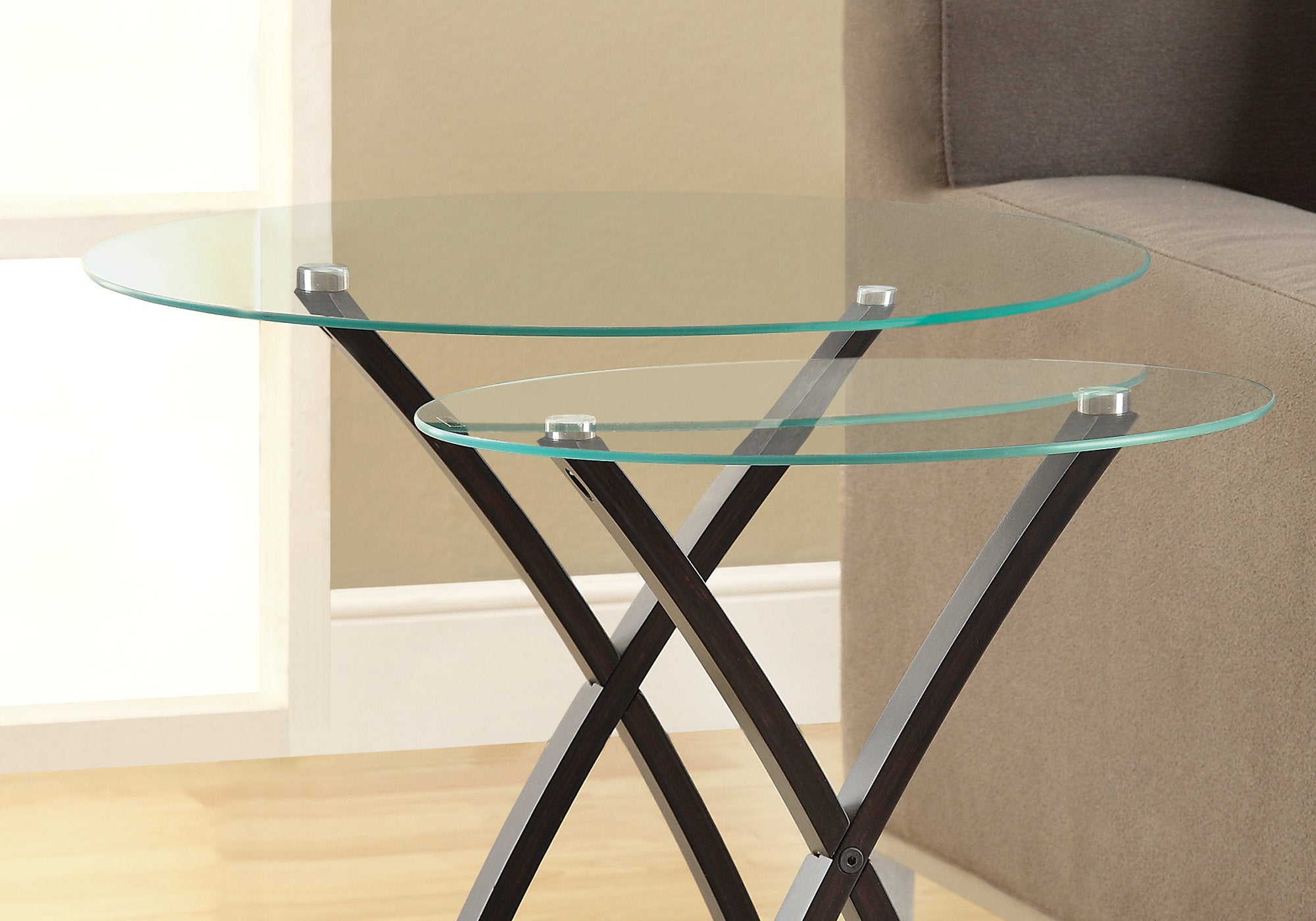 28.5" X 38" X 47" Cappuccino Clear Glass Particle Board Tempered Glass 2Pcs Nesting Table Set