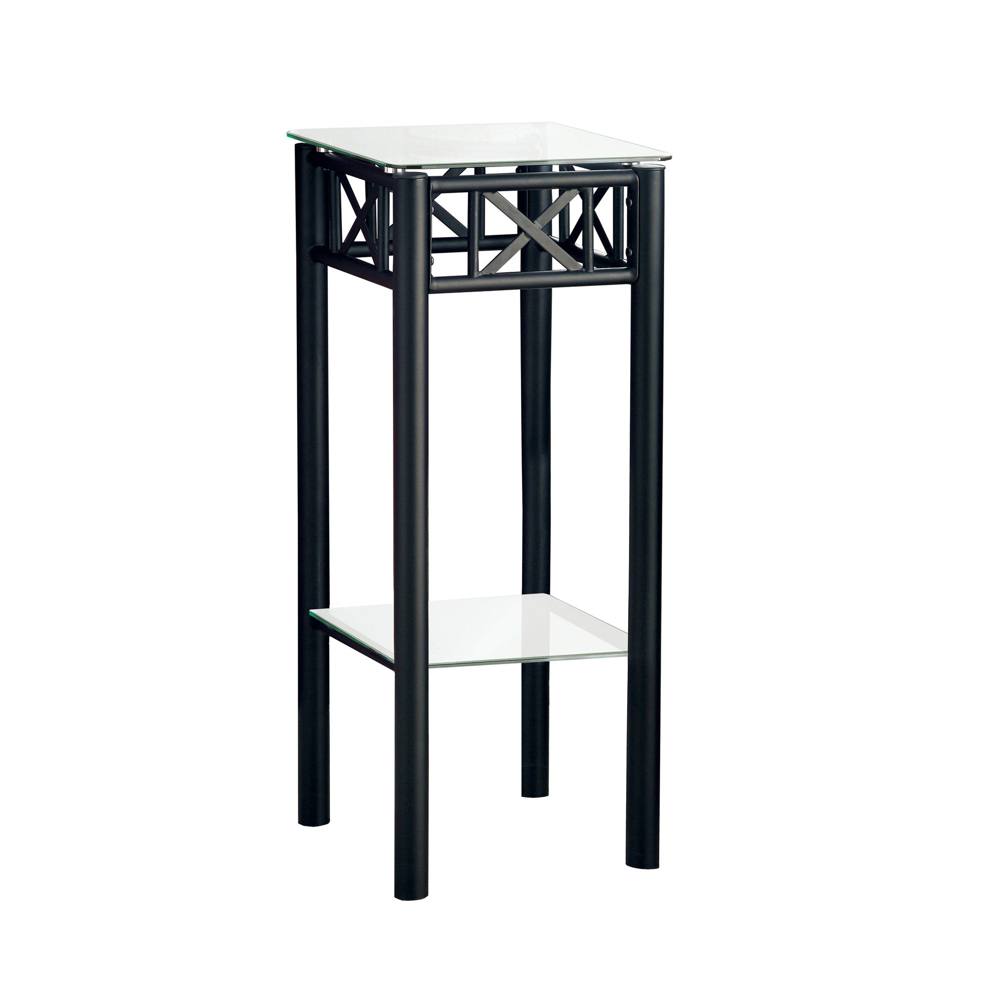 12" X 12" X 28" Black Metal Accent Table With Clear Tempered Glass