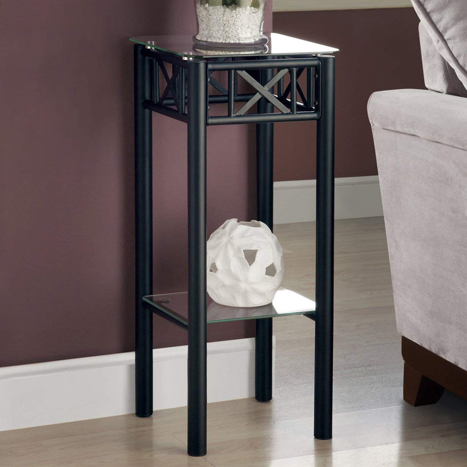 12" X 12" X 28" Black Metal Accent Table With Clear Tempered Glass