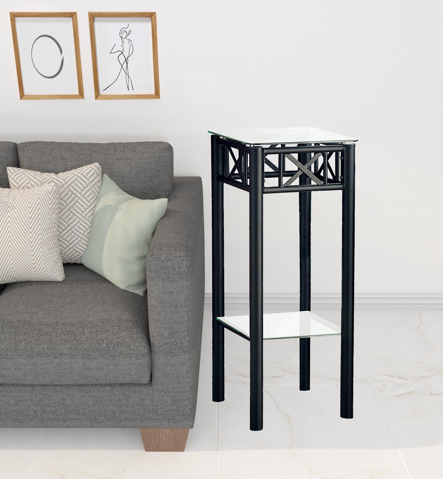 12" X 12" X 28" Black Metal Accent Table With Clear Tempered Glass