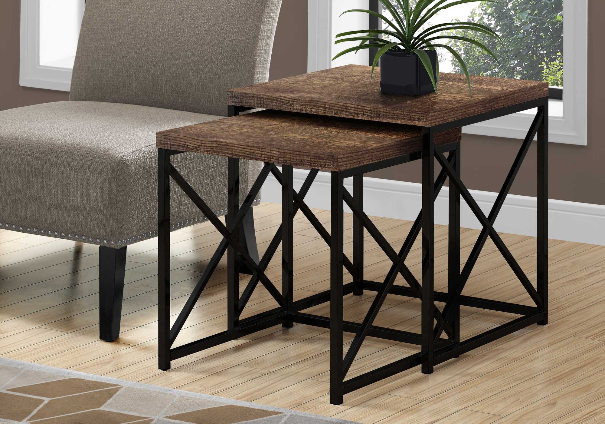 37.25" X 37.25" X 40.5" Brown Black Particle Board Metal  2Pcs Nesting Table Set