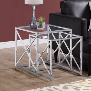38" Chrome Metal And Tempered Glass Two Pieces Nesting Table Set