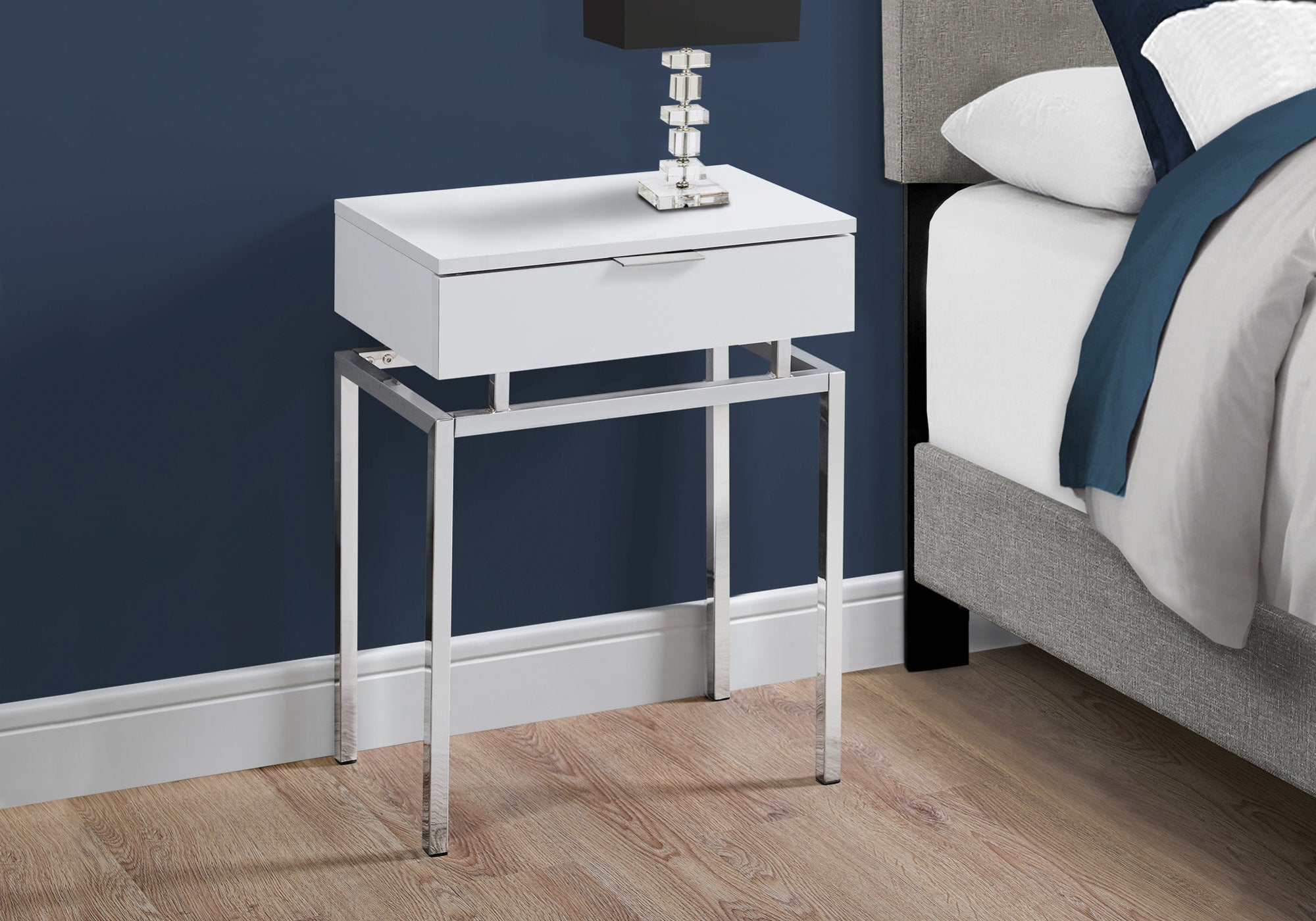 12.75" X 18.25" X 23" Glossy White Chrome Metal Accent Table