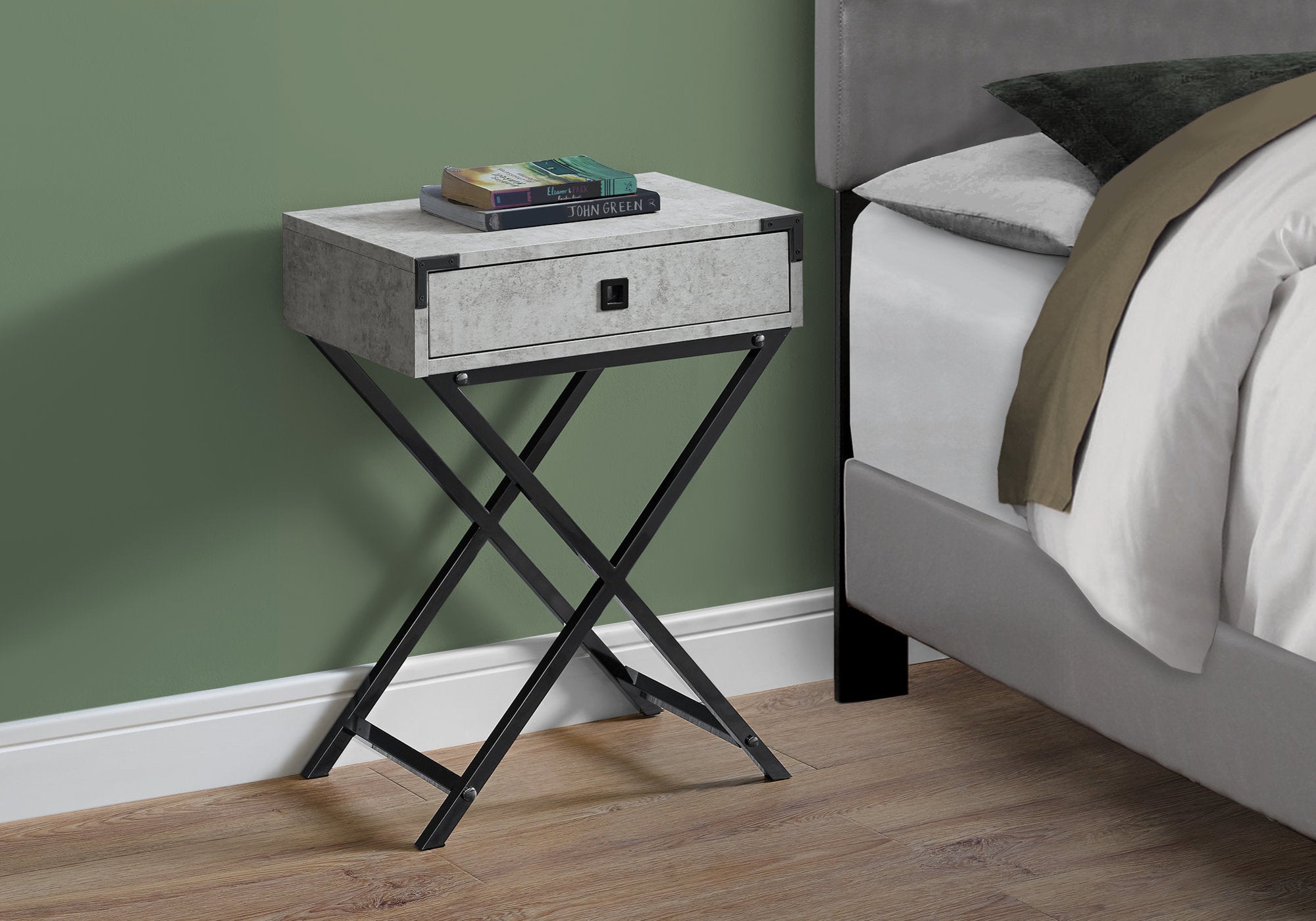 12" X 18.25" X 24" Grey Cement Finish And Black Nickel Metal Accent Table