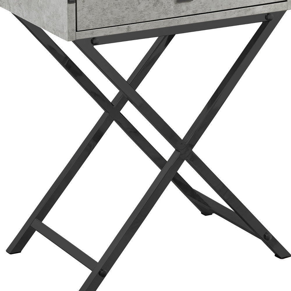 12" X 18.25" X 24" Grey Cement Finish And Black Nickel Metal Accent Table