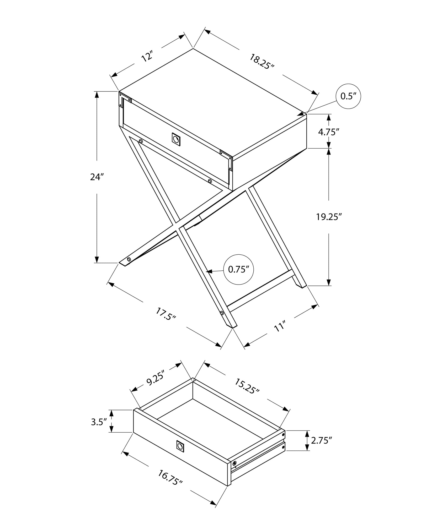 12" X 18.25" X 24" Grey Cement Finish And Black Nickel Metal Accent Table