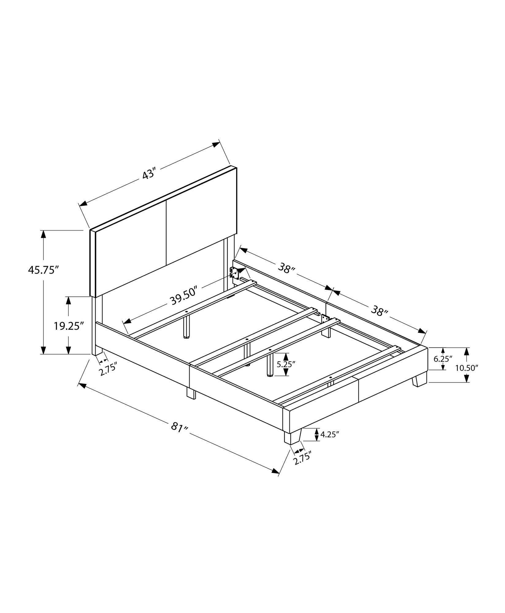 81" X 43" X 45.75" Grey Foam Solid Wood Leather Look  Twin Size Bed