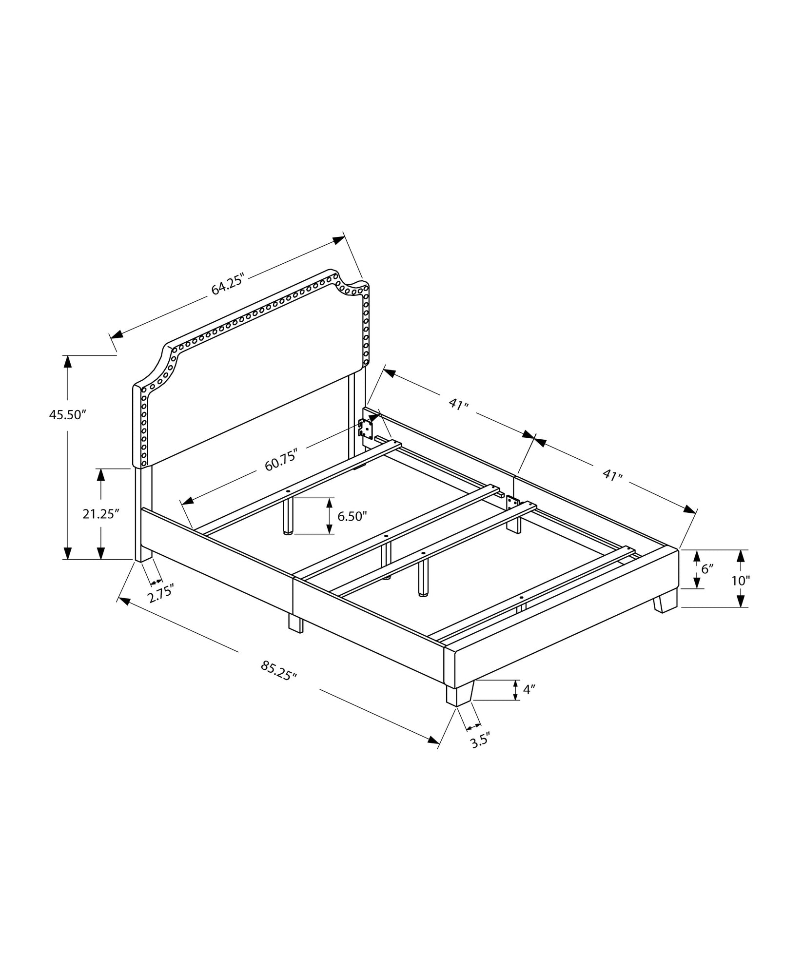 Cama estándar gris tapizada con ribete de cabeza de clavo y con cabecero