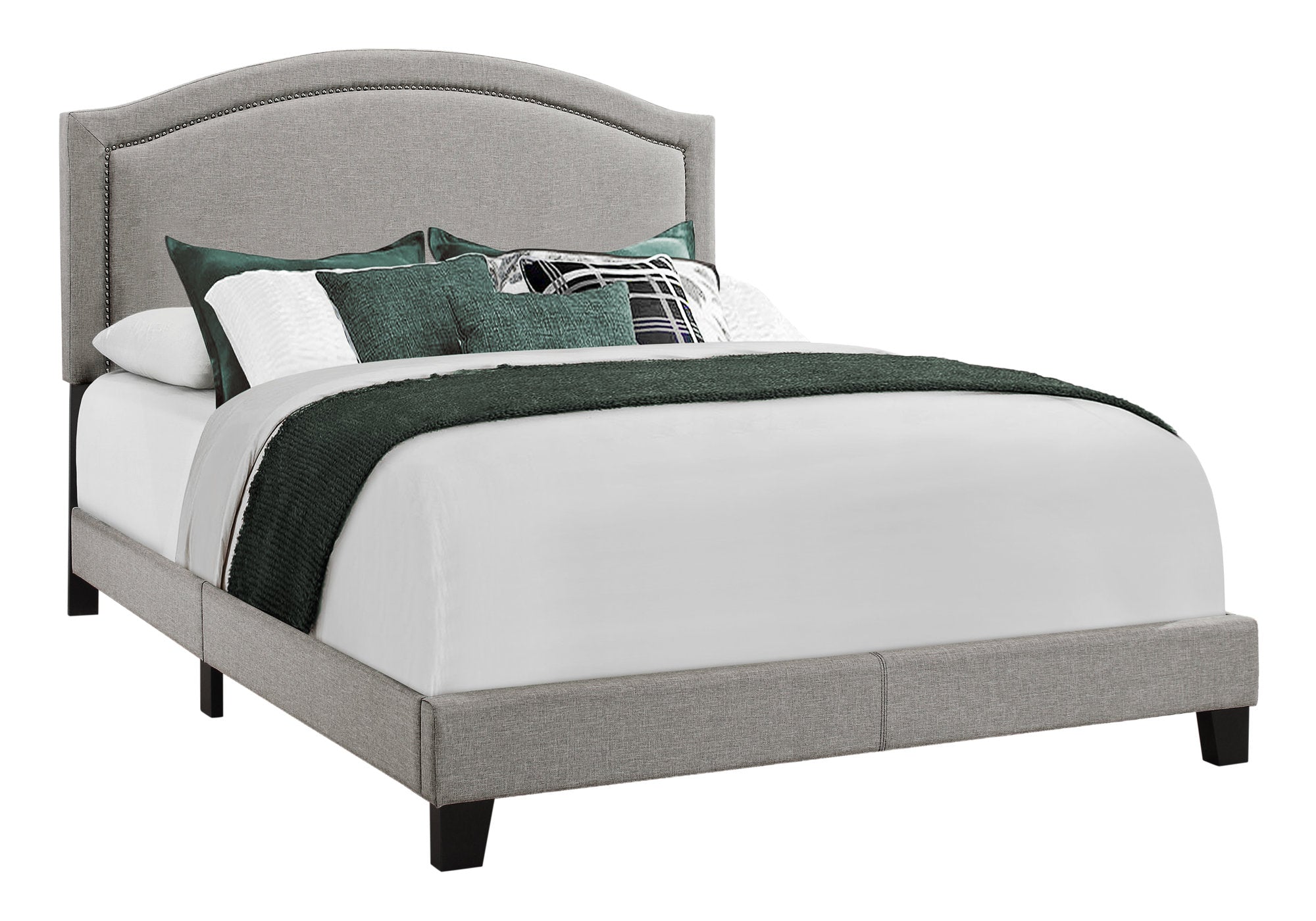 64.5" X 85.75" X 51.5" Cama tamaño queen de lino y madera maciza de espuma gris