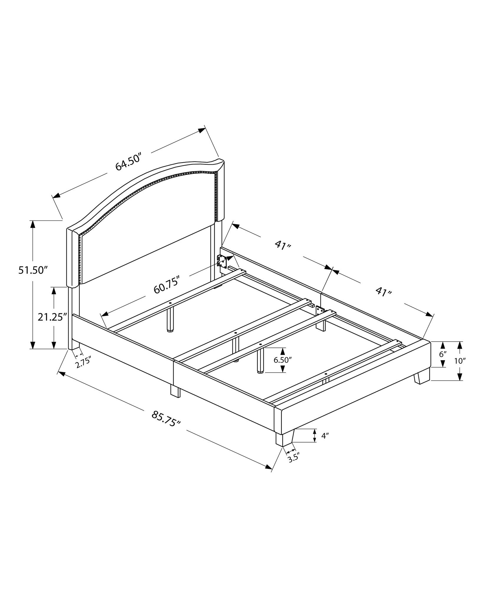 64.5" X 85.75" X 51.5" Cama tamaño queen de lino y madera maciza de espuma gris
