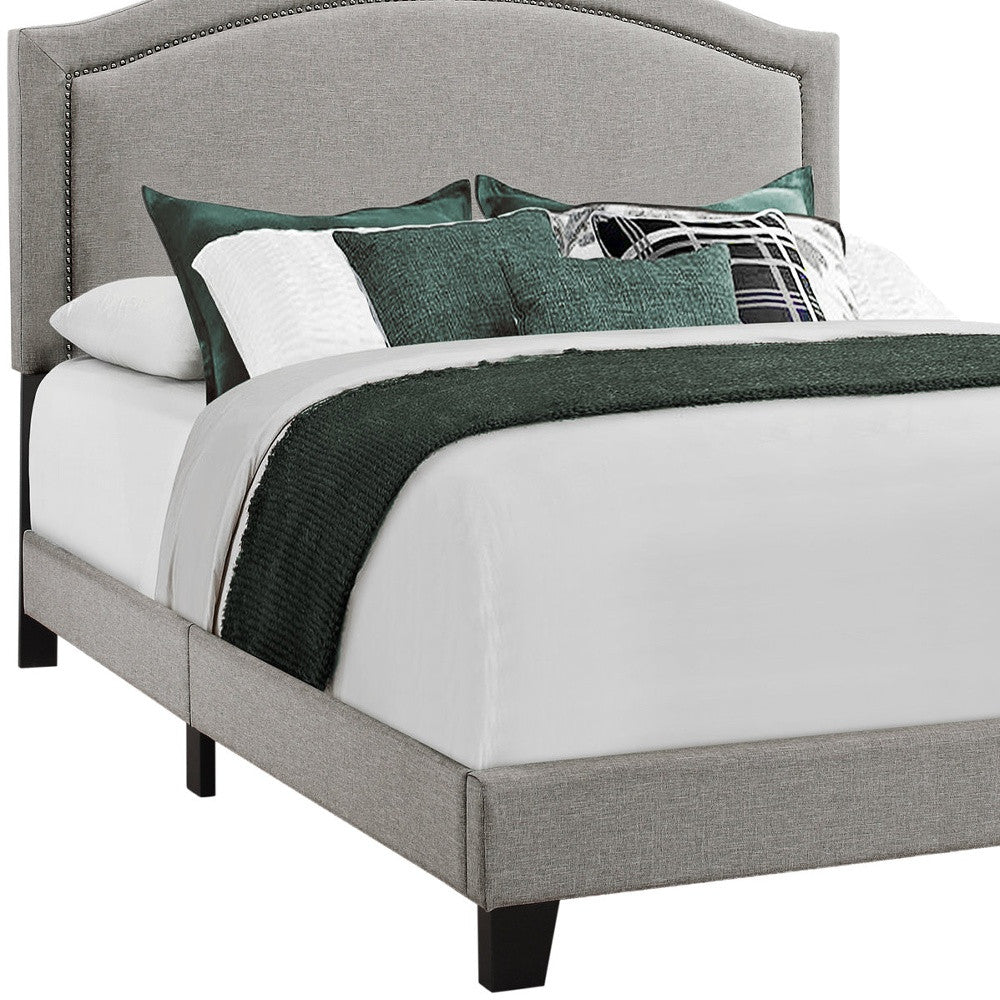 64.5" X 85.75" X 51.5" Cama tamaño queen de lino y madera maciza de espuma gris