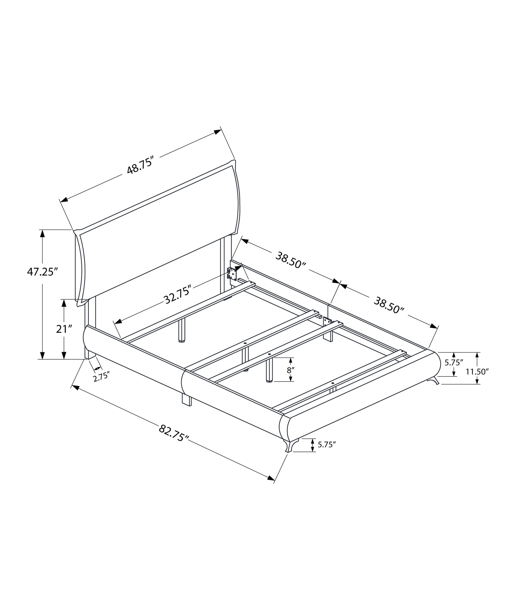47.25 英寸白色實木中密度纖維板泡沫和亞麻雙人床，帶鍍鉻腿