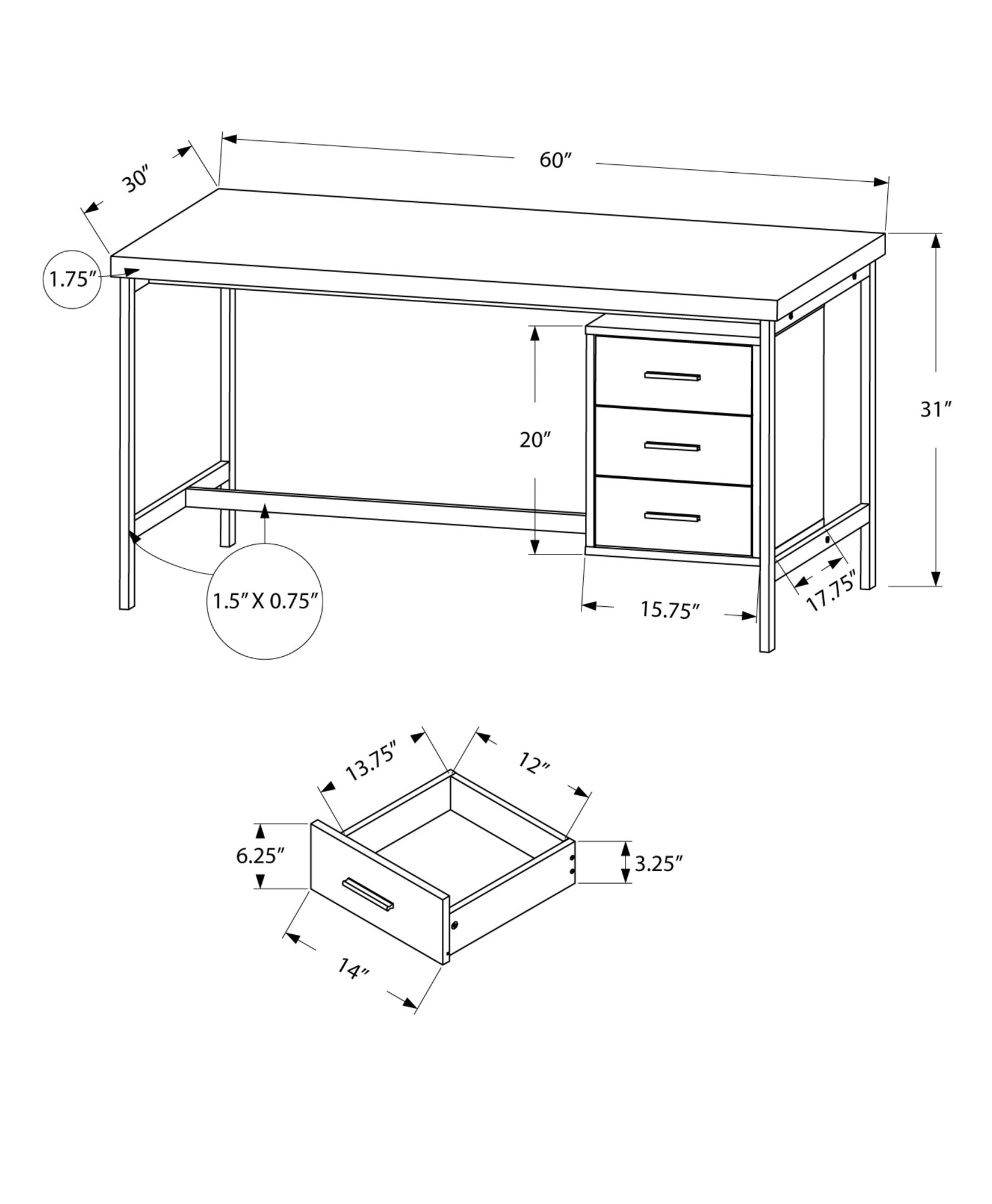 30" White Rectangular Computer Desk With Three Drawers