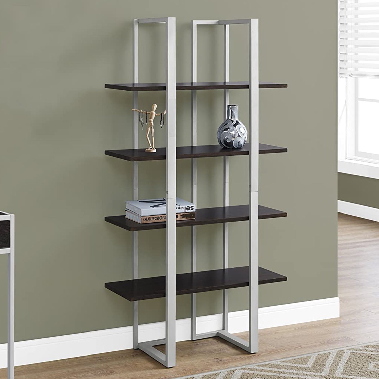 13.25" X 32" X 60" Black Silver Mdf Metal  Bookshelf