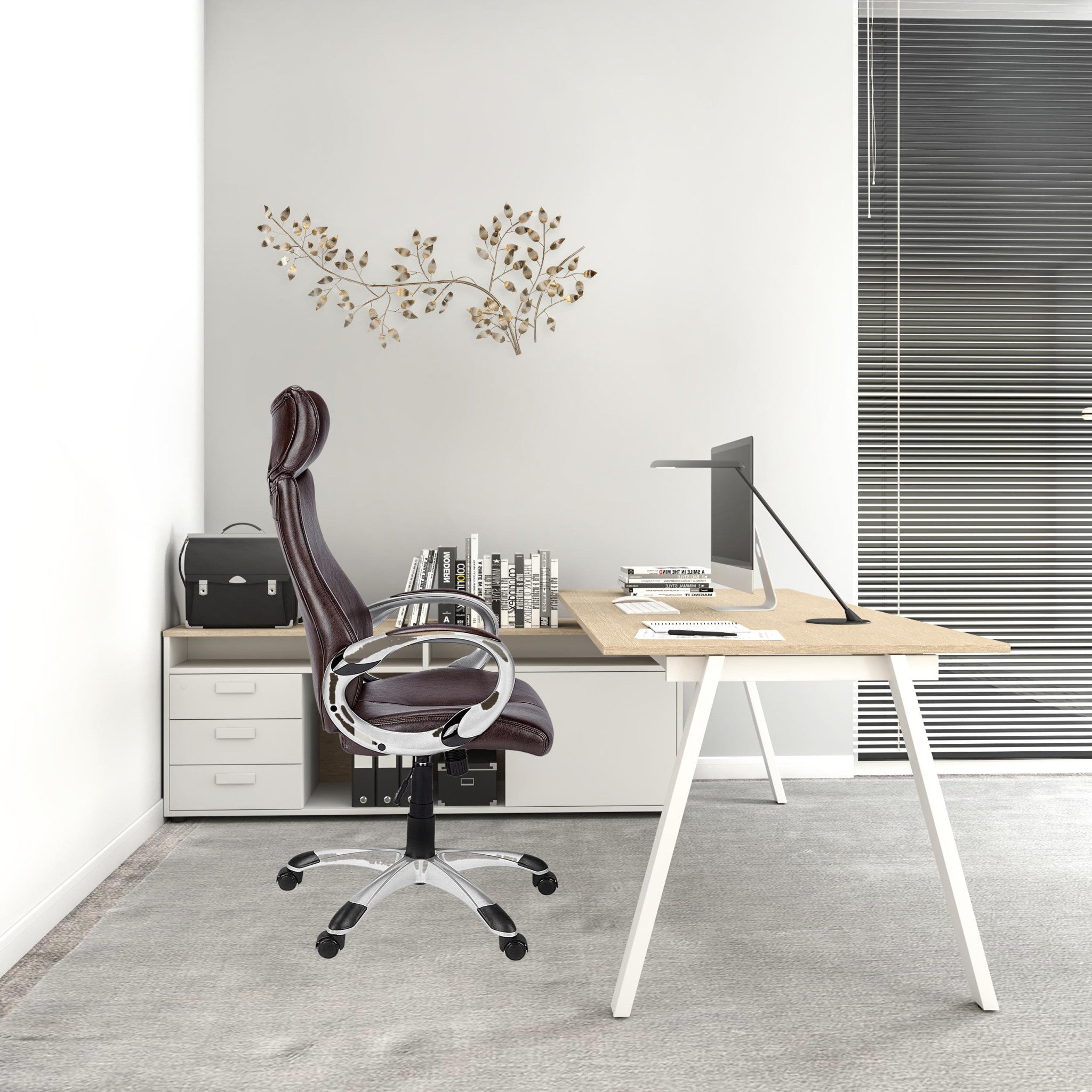 Brown Faux Leather Seat Swivel Adjustable Executive Chair Leather Back Steel Frame