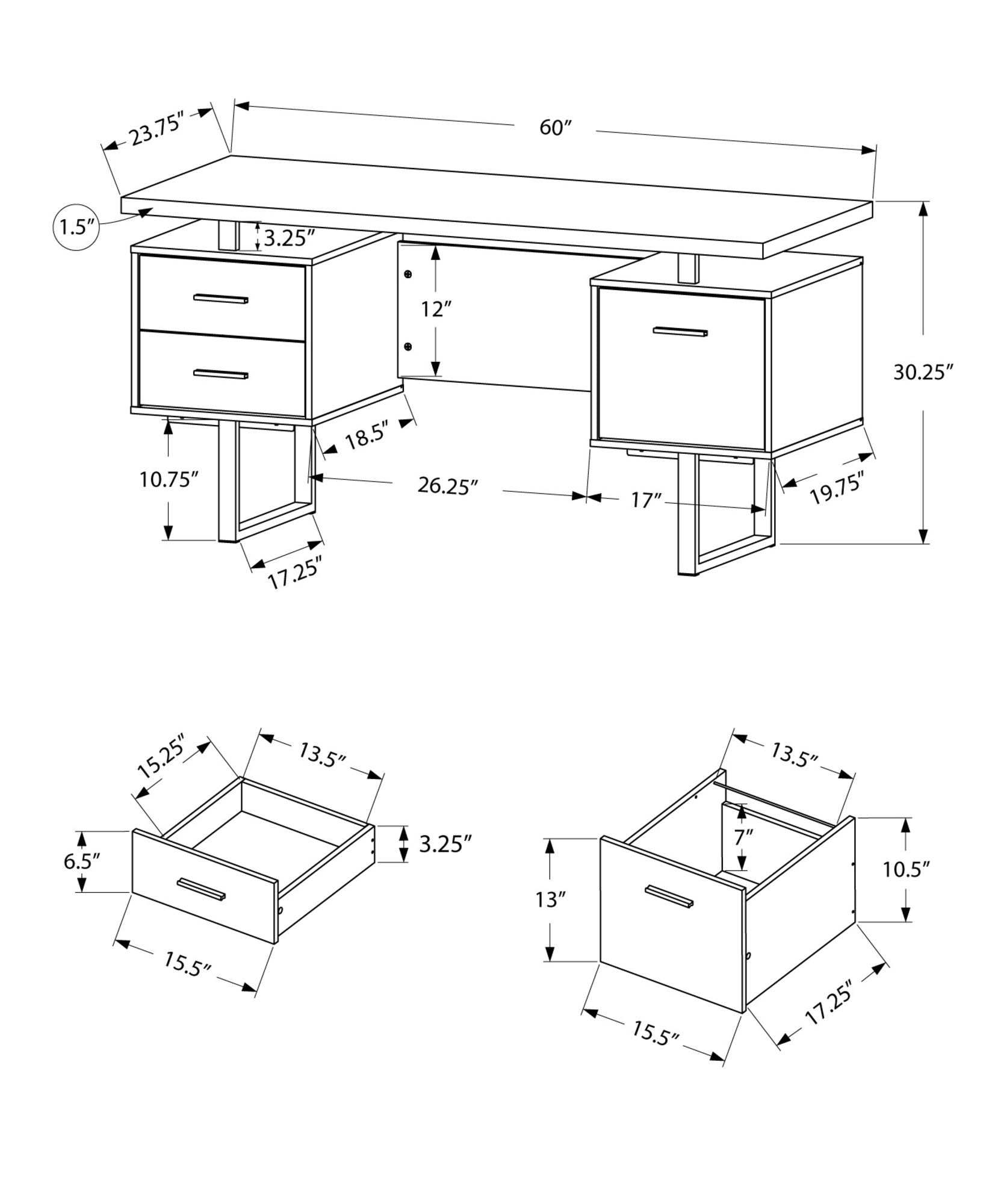 Modern Rustic 3 Drawer Computer Desk 60"