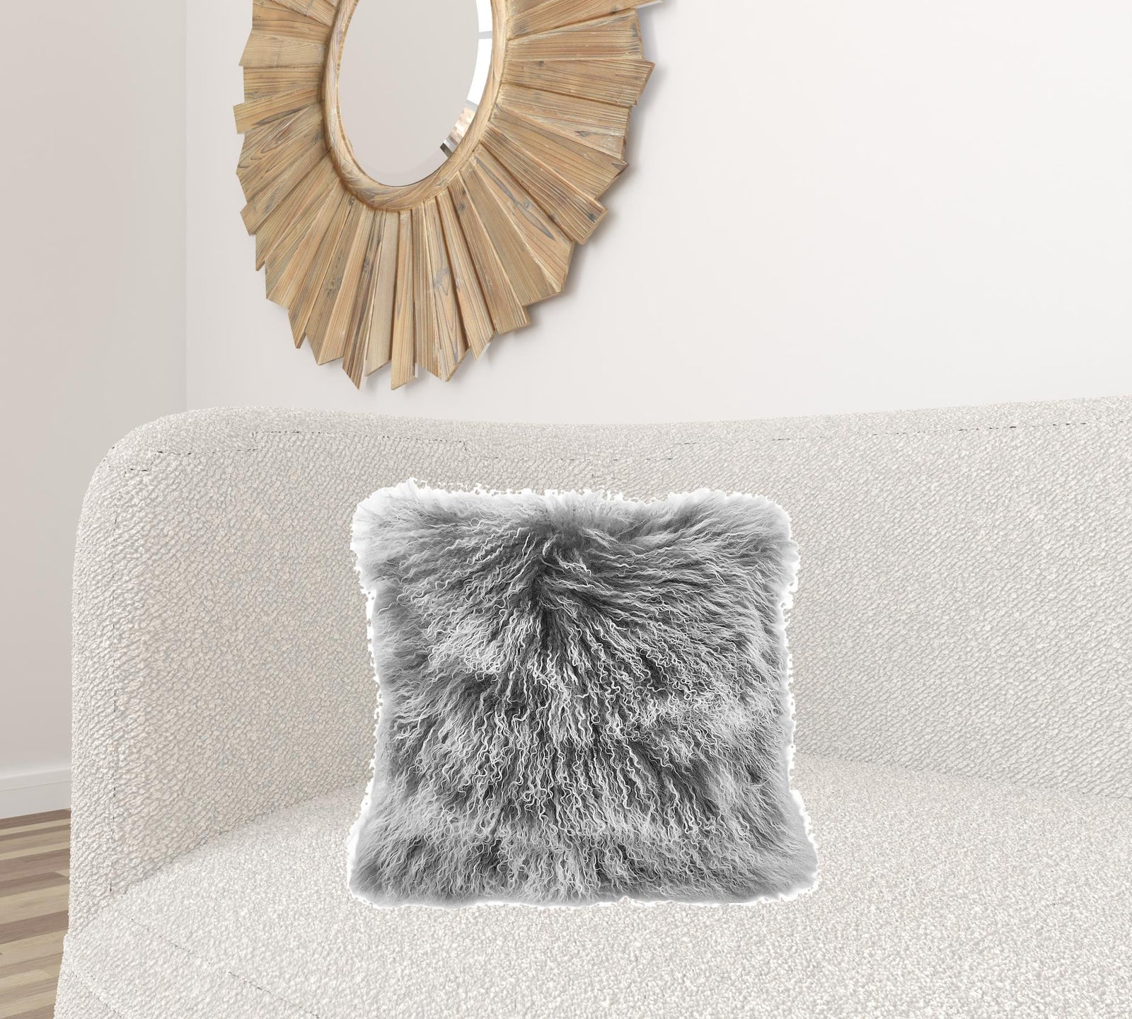 20" Grey Genuine Tibetan Lamb Fur Pillow With Microsuede Backing