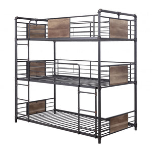 43" X 79" X 79" Sandy Black Dark Bronze Handbrushed Metal Wood Triple Bunk Bed  Twin