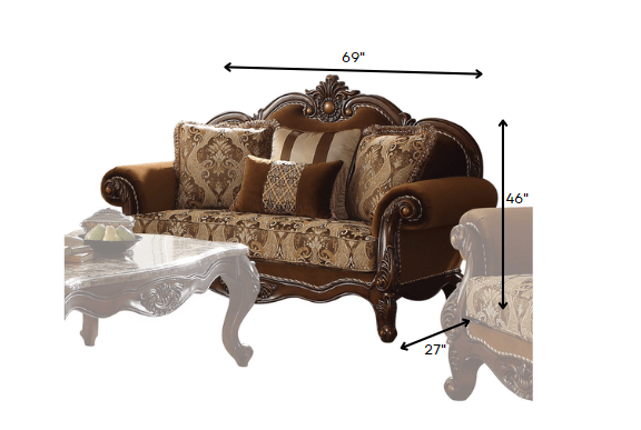 Tapizado de tela de roble cerezo, asiento de dos plazas con moldura de madera, 4 almohadas de 37" x 69" x 46"