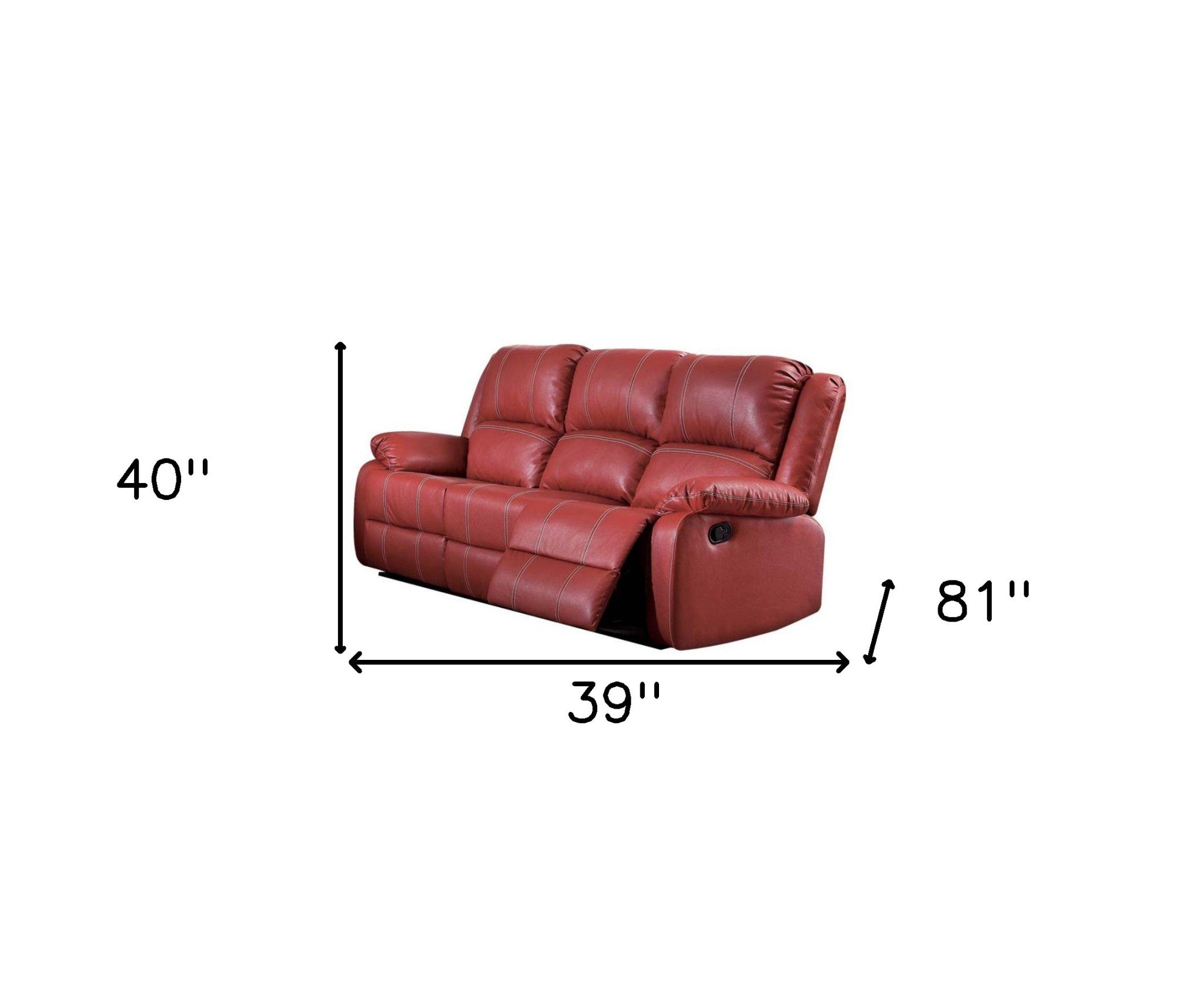 39" X 81" X 40" Red PU Upholstery Metal Reclining Mechanism Sofa (Motion)