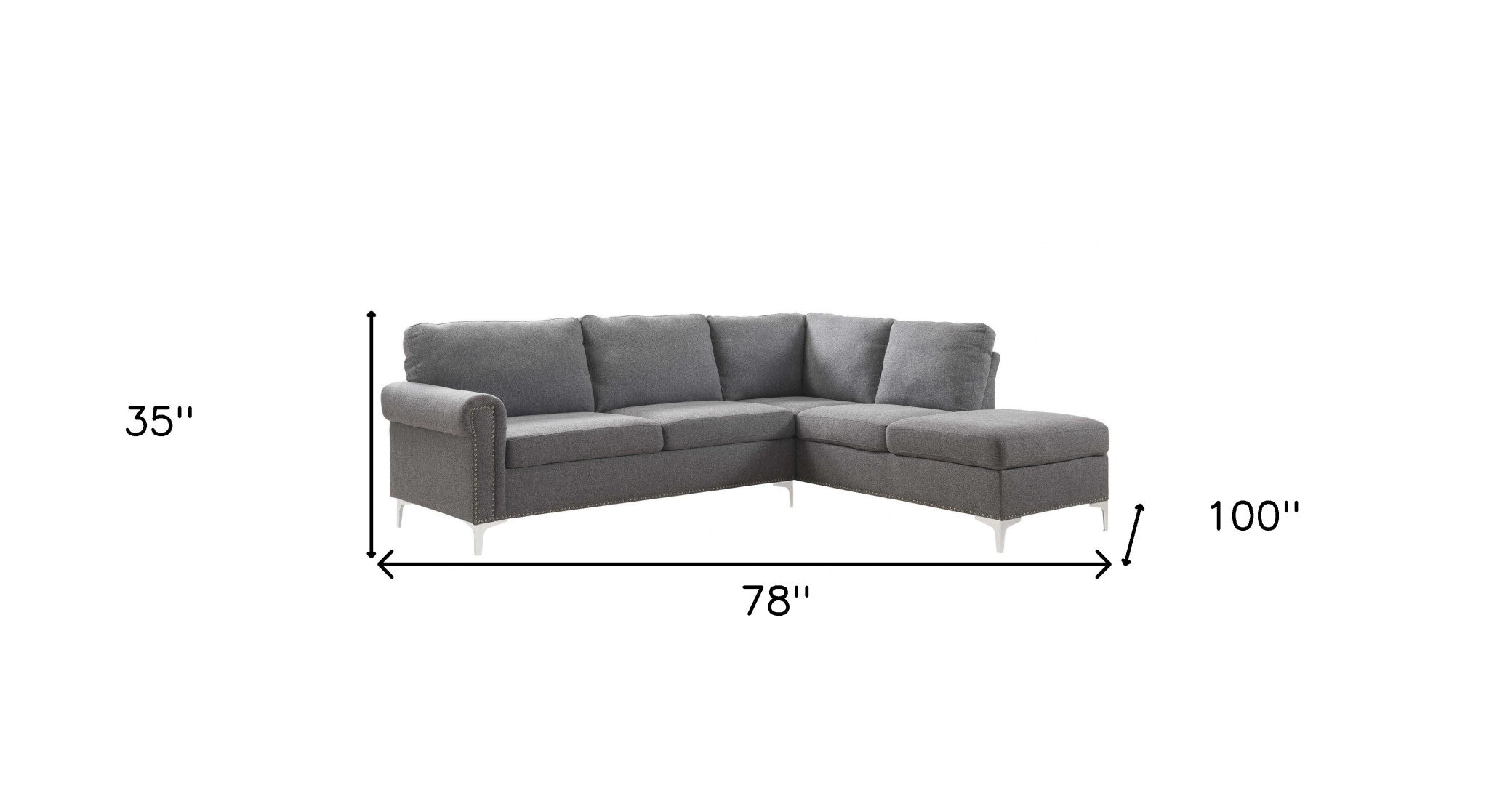 78" X 100" X 35" Gray Fabric Upholstery Metal Leg Sectional Sofa